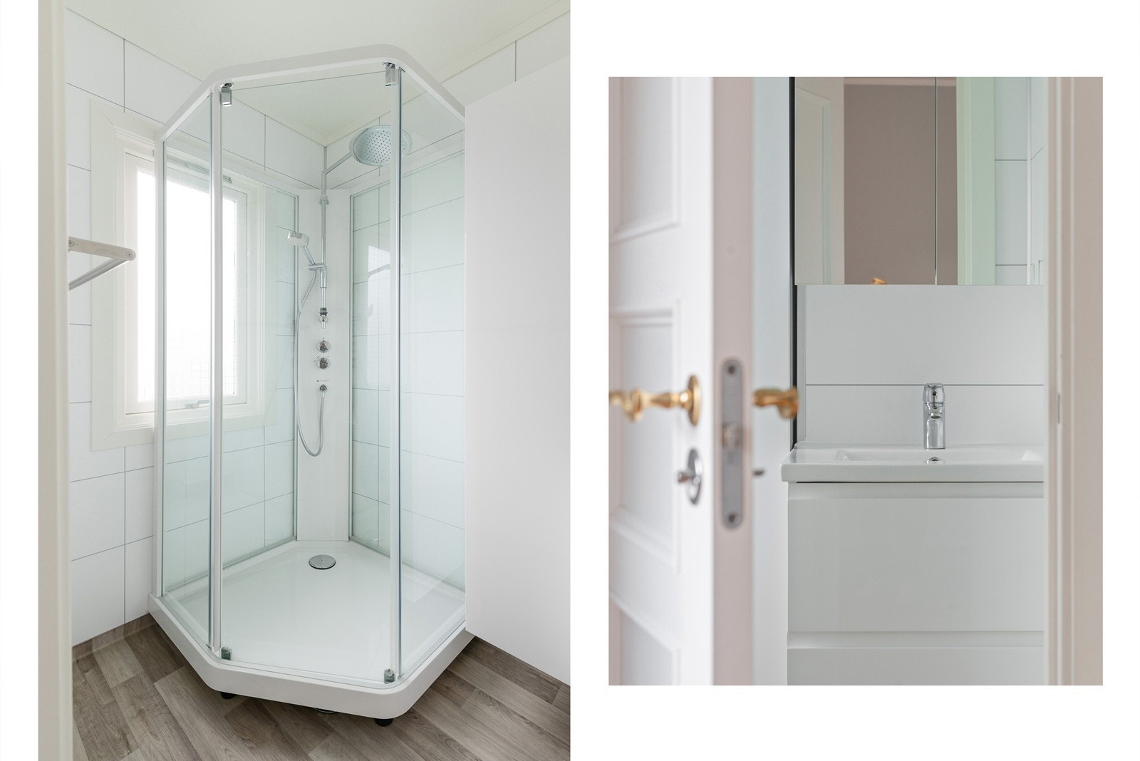 Badet er lyst og trivelig, med romslig dusjkabinett og nedfelt servant. Varmekabler i gulv. Galleribilde