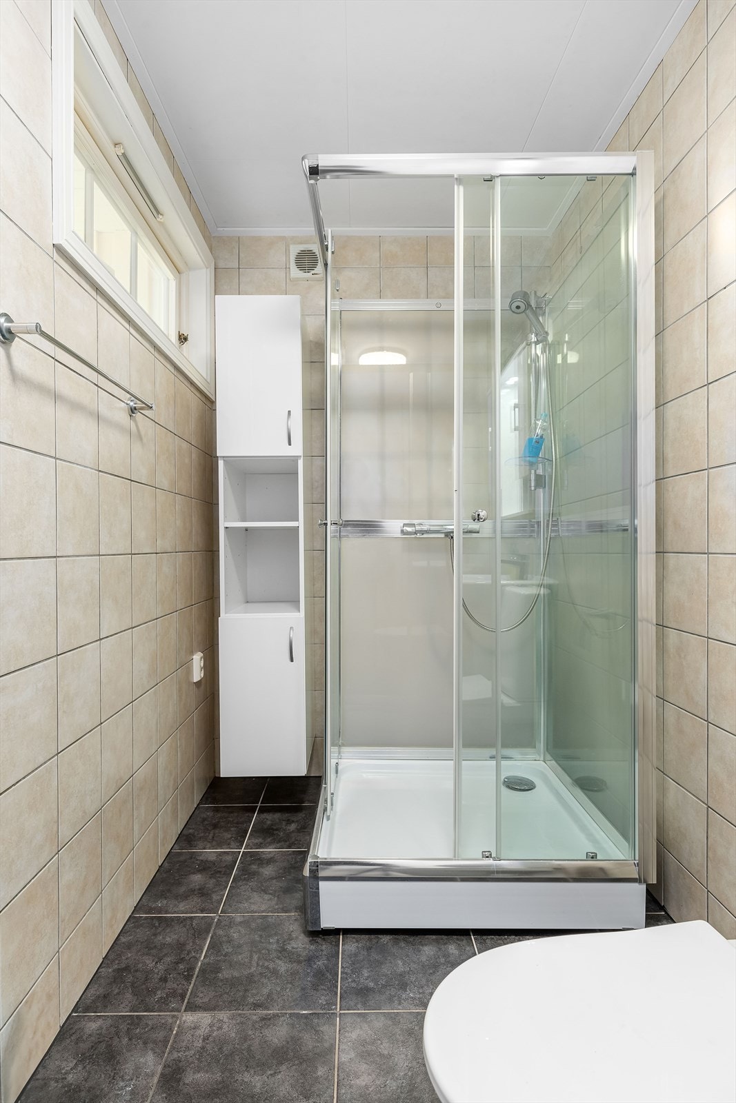 Badet er innredet med dusjkabinett, toalett og vask Galleribilde