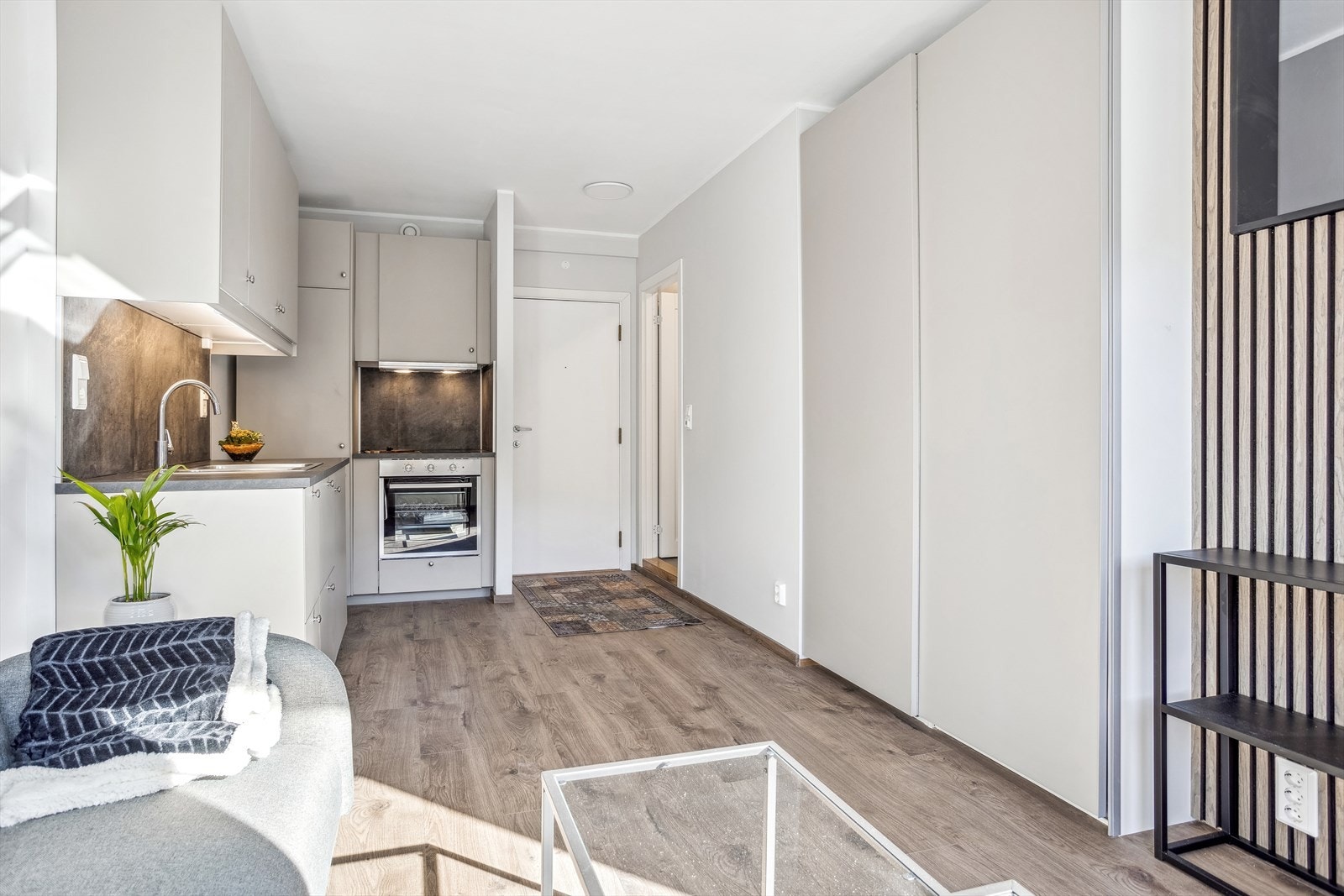 Stuen er praktisk inndelt med kjøkkenkrok, store skap og ellers sofa- og TV krok. Det er nisje for seng bak spileveggen Galleribilde