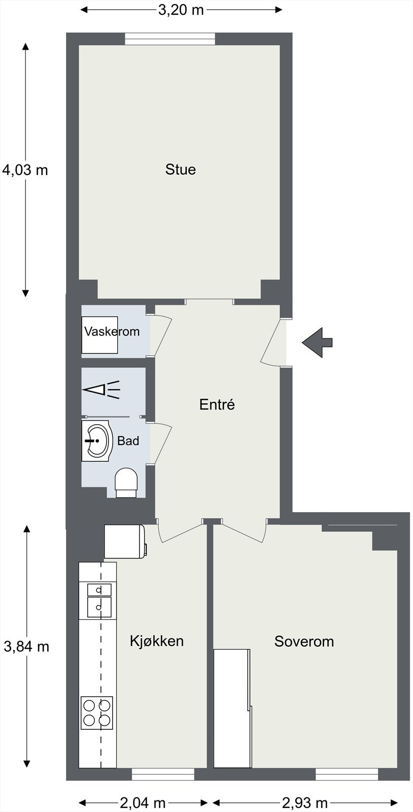 Plantegning | Arealeffektiv planløsning med soverom vendt ut mot indre gårdsrom, innbydende separat kjøkken og eget praktisk vaskekott. Galleribilde