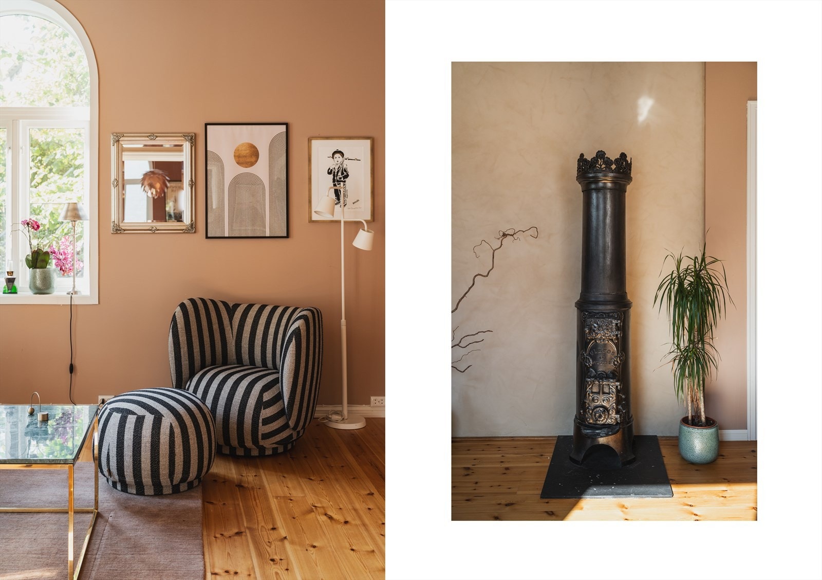 Det er en flott gammel rundovn fra Ulefos i stuen, og pipeløpet er rehabilitert i 2020 Galleribilde