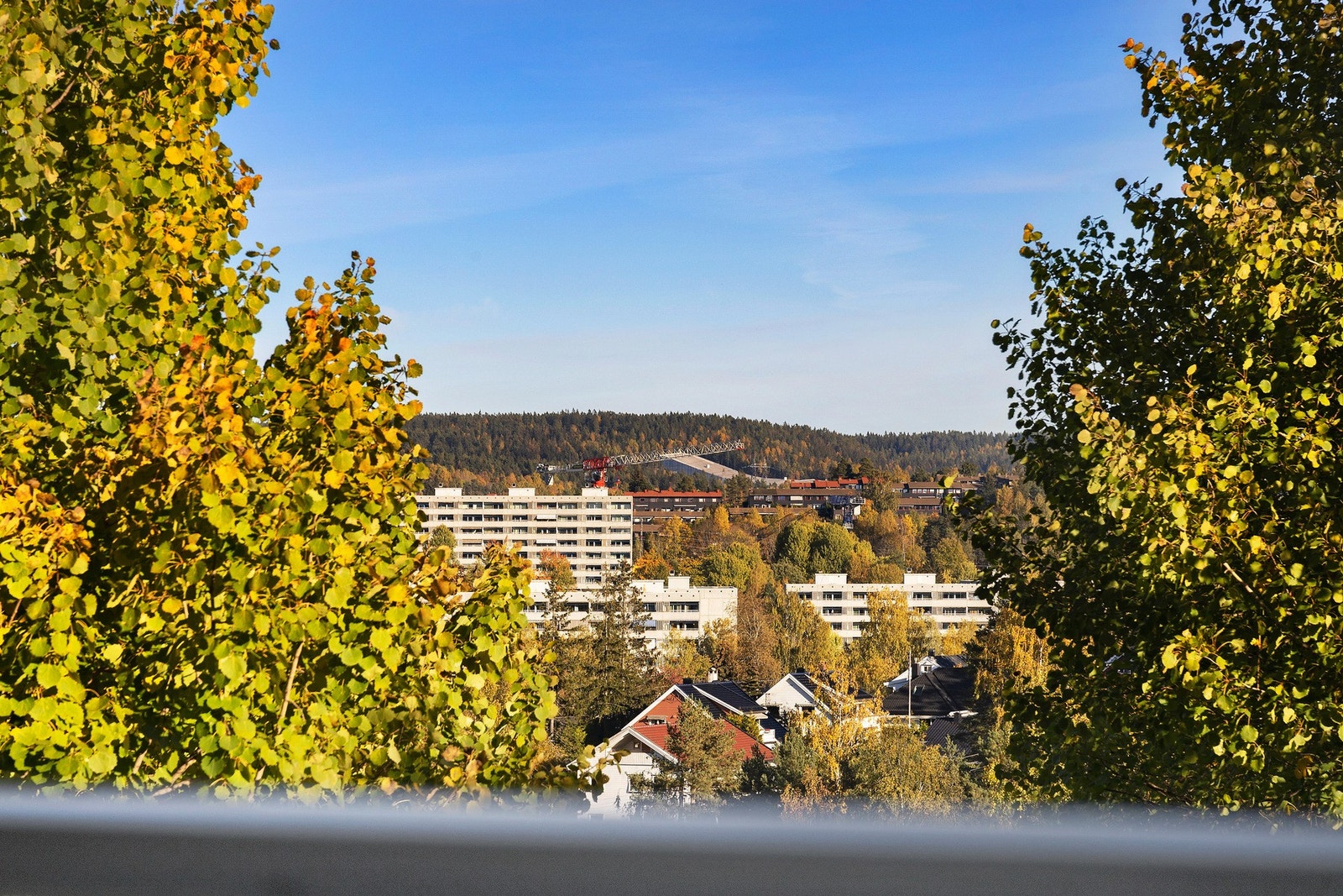 Boligen ligger på et naturlig høydedrag som bidrar til fin utsikt fra både balkong og gjennom vinduene i boligen Galleribilde