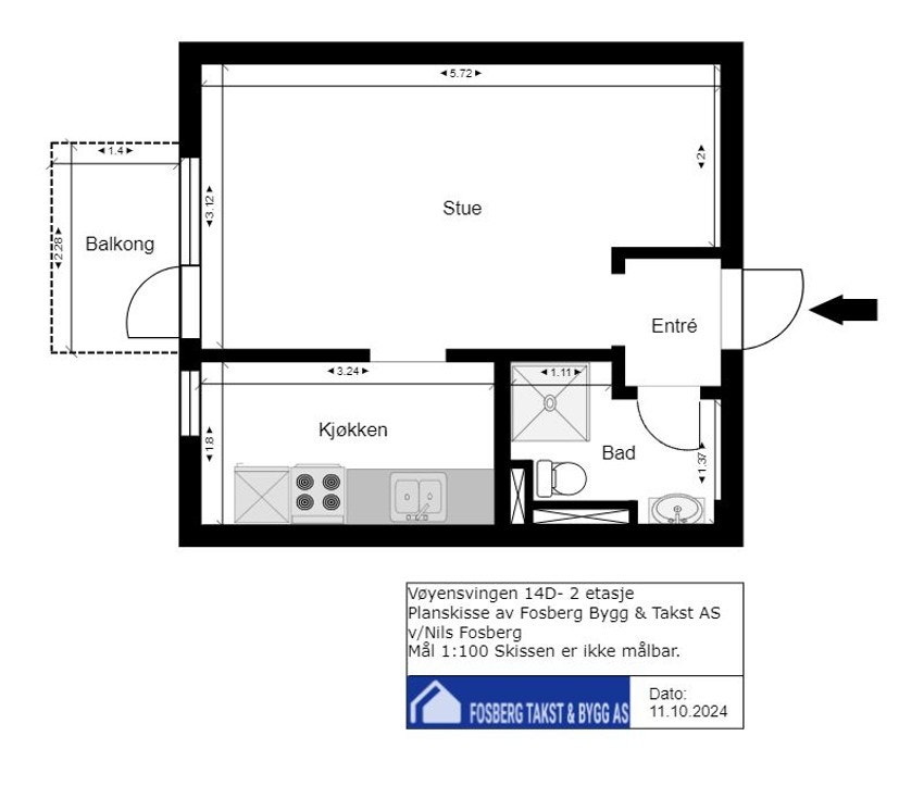 1 roms leilighet med balkong. I tillegg følger loftsbod på 3 kvm (5,5 kvm gulvareal), og kjellerbod på 2,6 kvm. Galleribilde
