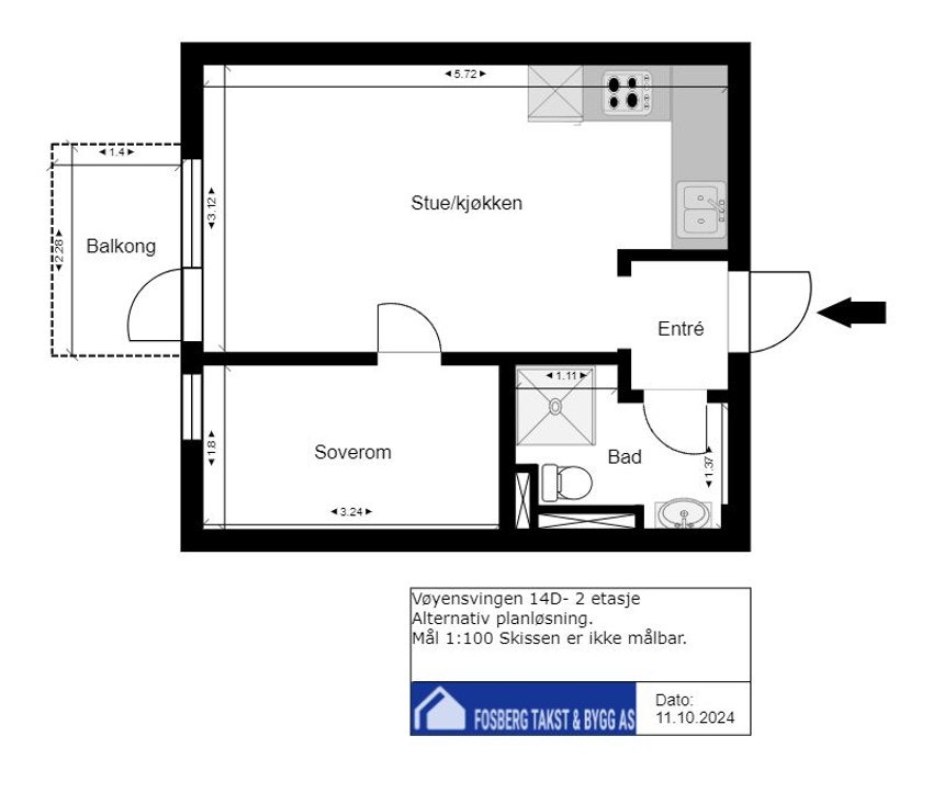 Alternativ planløsning - bygget om til 2-roms. Galleribilde