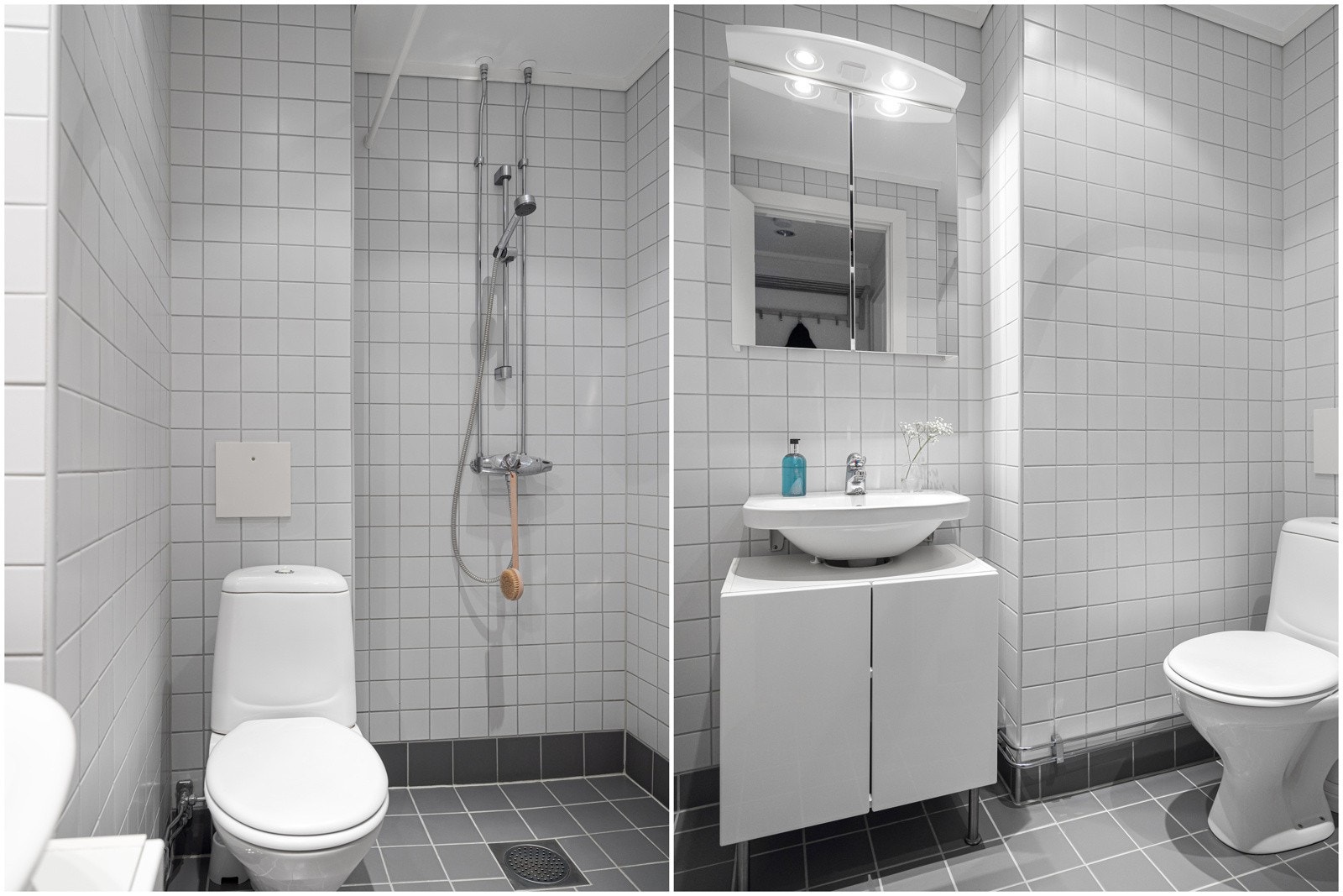 Inneholder servant, servantskap, speilskap m/belysning, dusjhjørne og klosett. Galleribilde