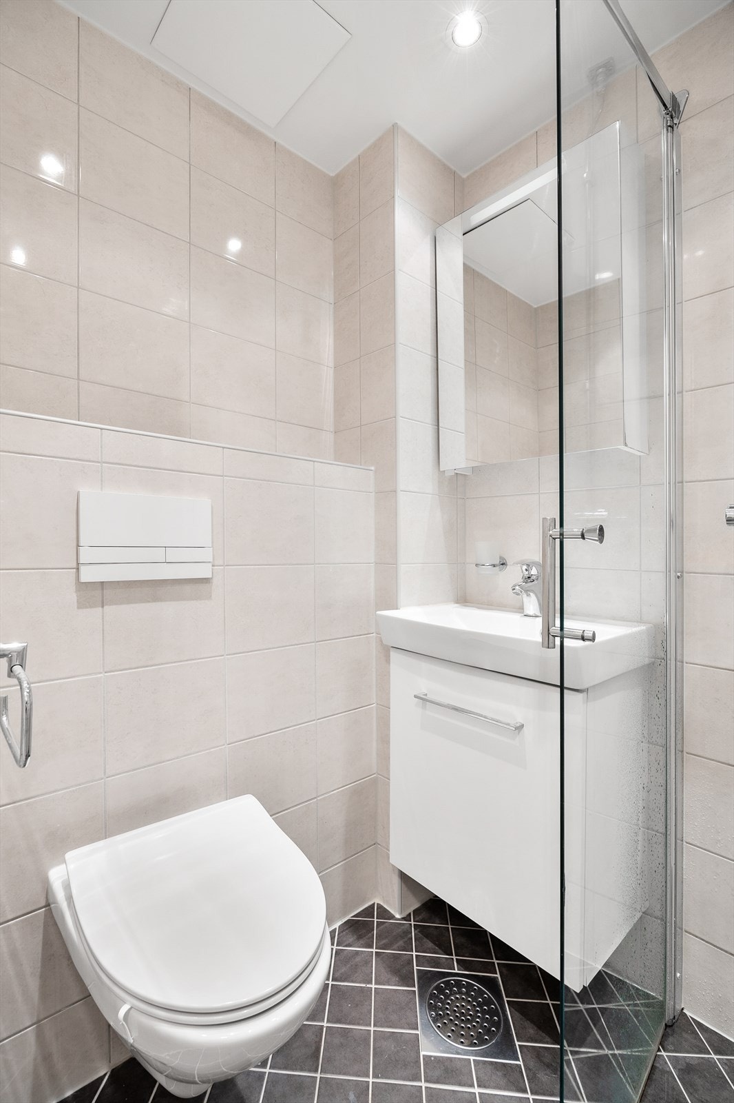 Speilskap med lysarmatur på vegg over servant. Dusjhjørne med svingdør, sluk i sone, håndholdt dusjhode og termostatstyrt blandebatteri. Veggmontert toalett. Galleribilde