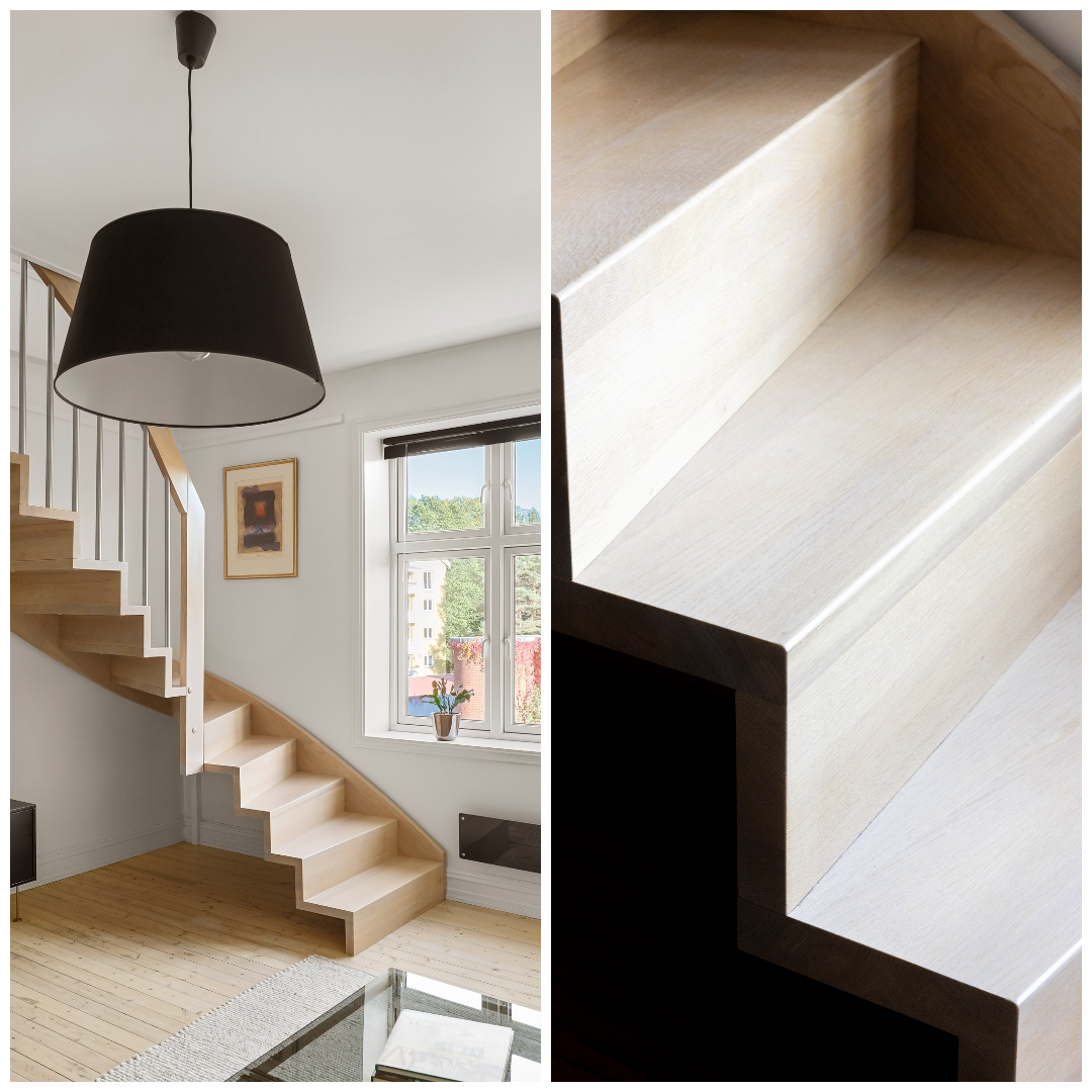 Fra stuen har man adkomst opp til loftstuen via en delikat trapp i et lyst design som gir rommet et elegant preg. Galleribilde