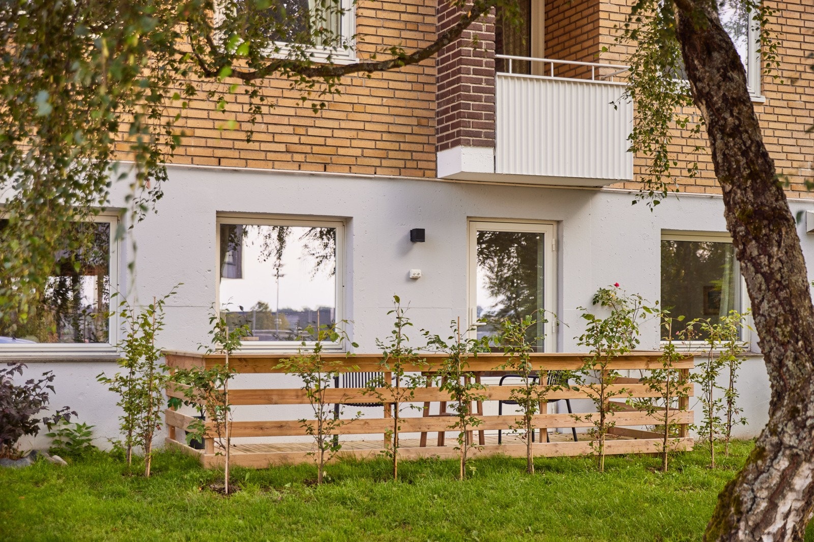 Markterrasse vender mot vest med nye hekkplanter rundt. Plantene vil vokse seg tettere og høyere allerede neste sesong. Galleribilde