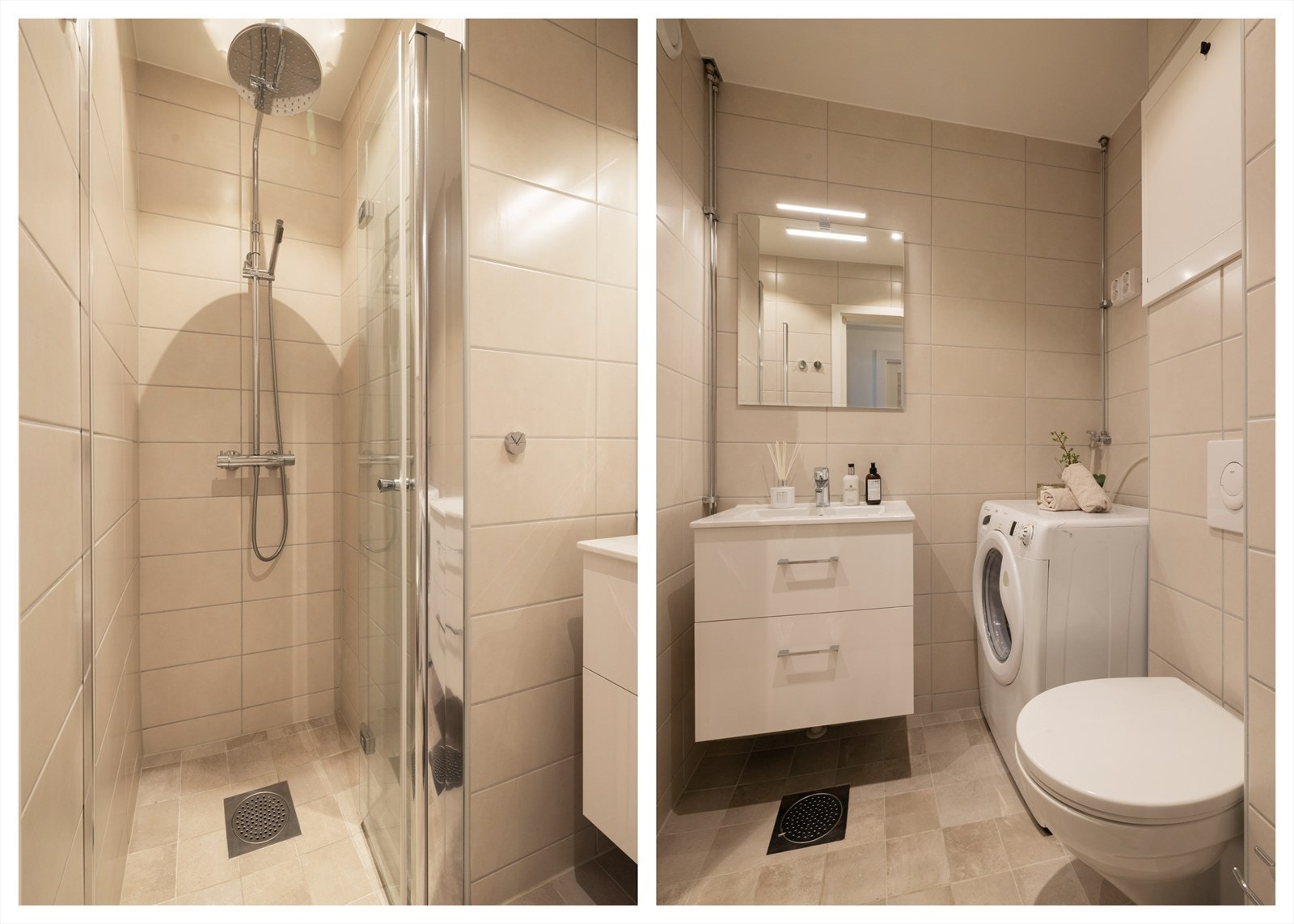 Inneholder dusj med dører i herdet glass, veggfestet klosett med innebygget sisterne og servant Galleribilde