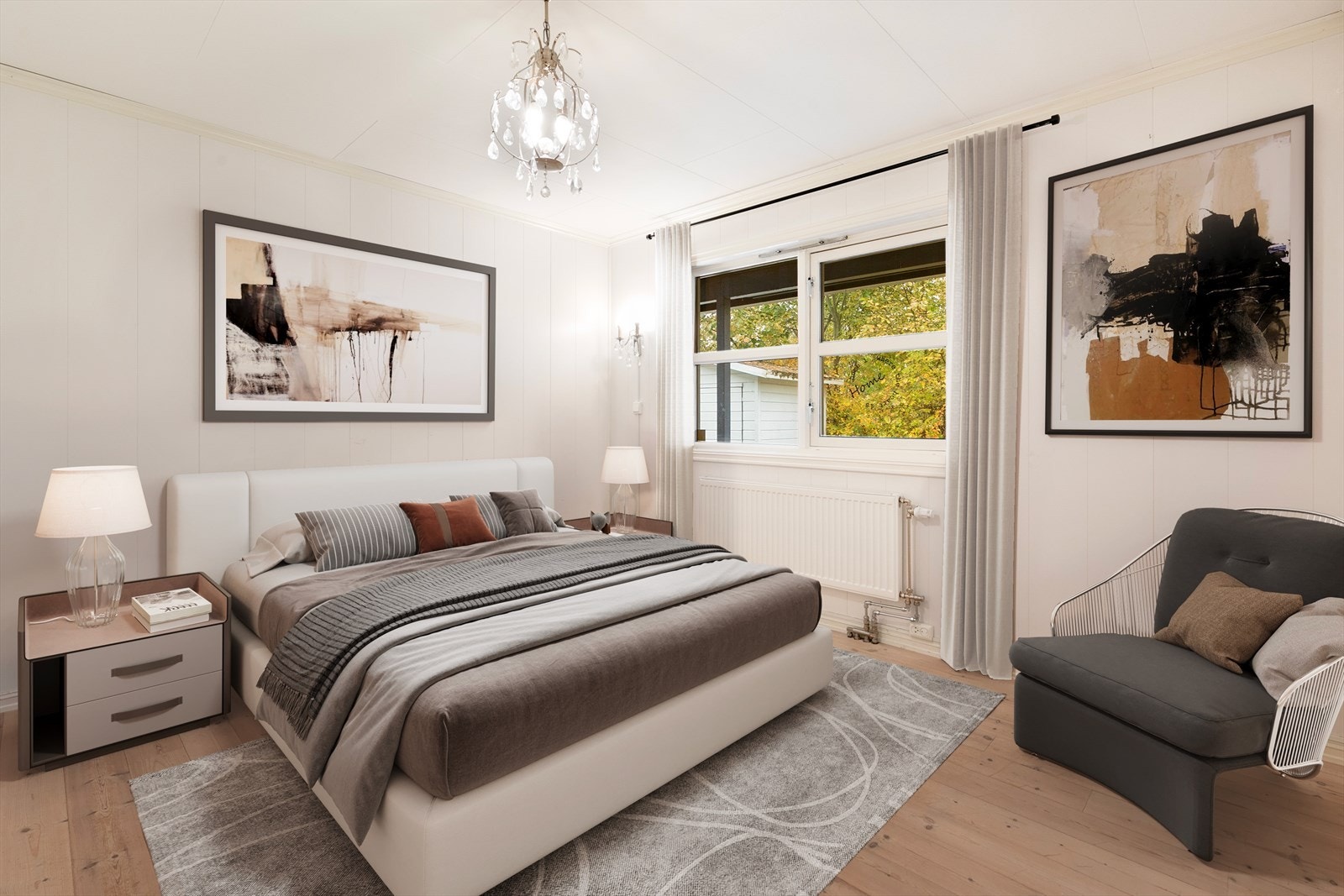 Soverommet i underetasje er av god størrelse som gir god plass til dobbeltseng, nattbord og ulike møblementer. Digital styling Galleribilde