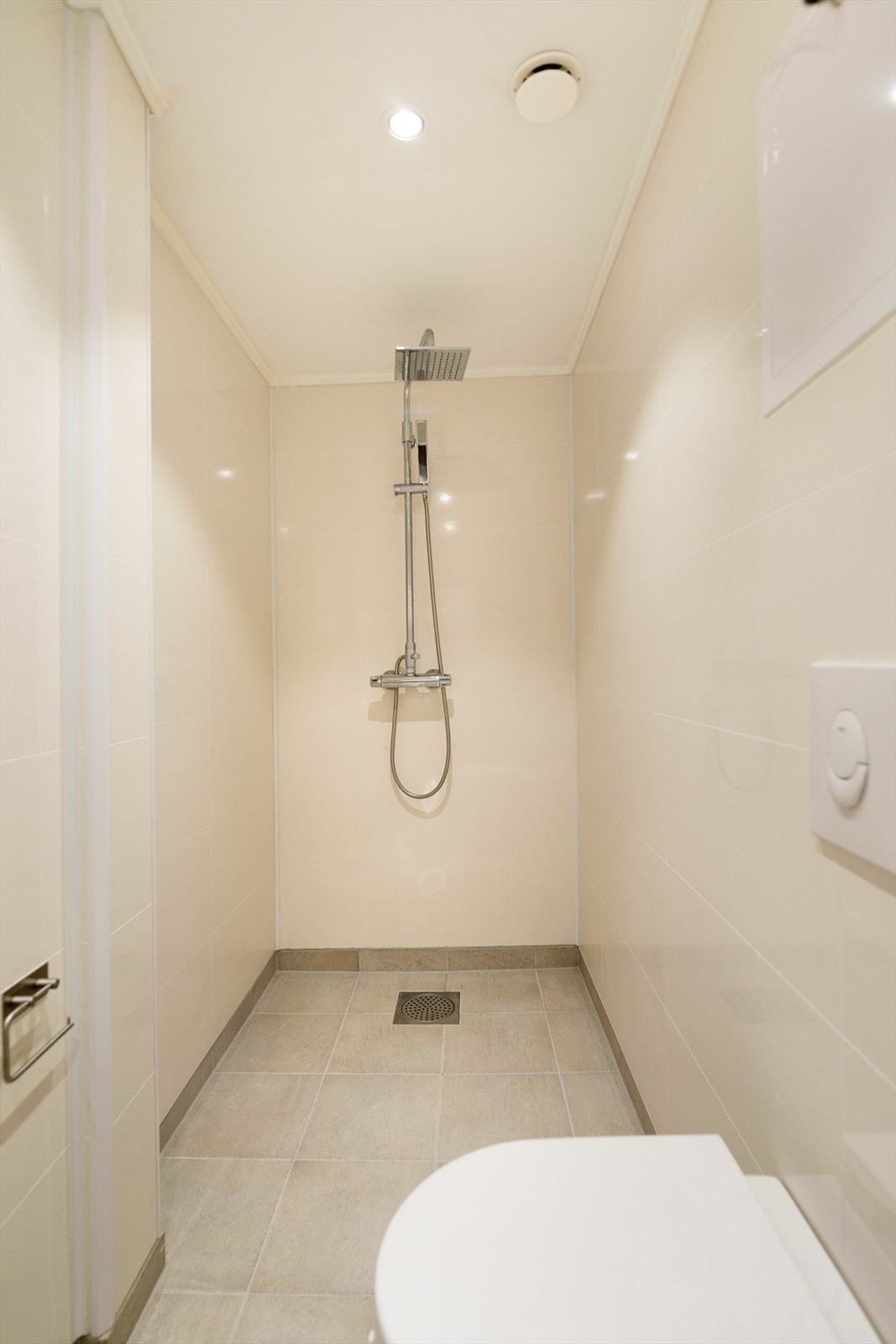 Dusjnisje med dusjhode og vegghengt toalett Galleribilde