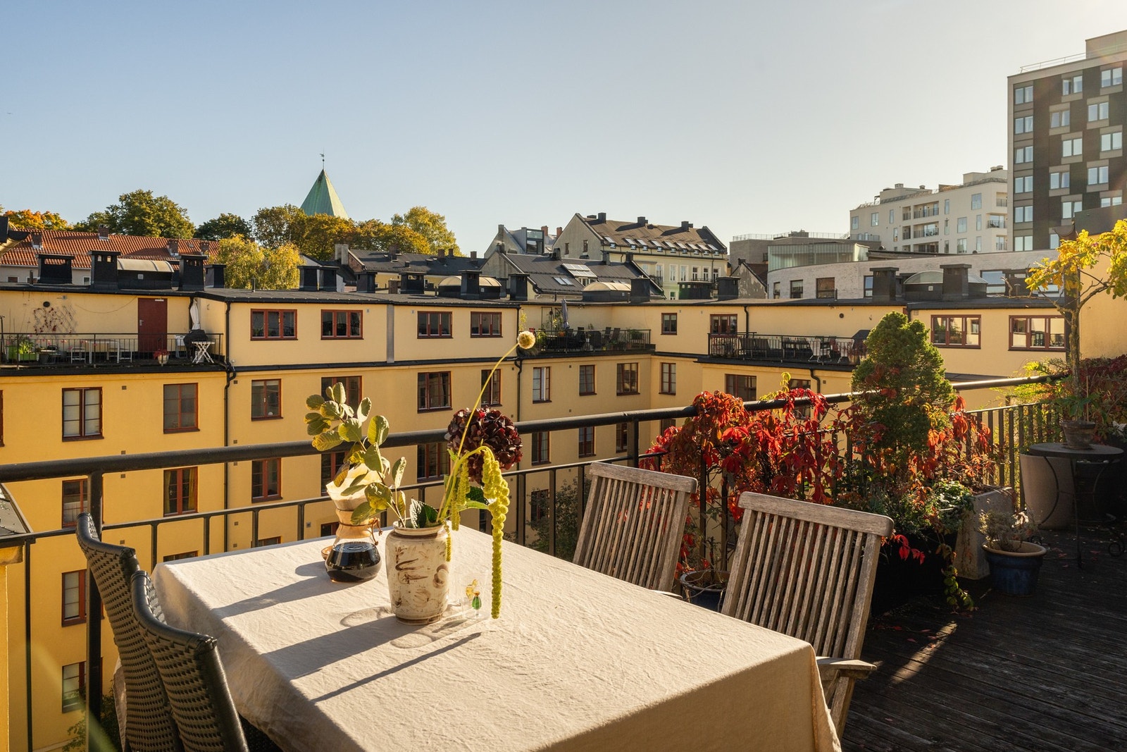 Takterrasse 2 mot sydøst vender inn mot den rolige bakgården og har sol fra morgen til ca kl 15. Galleribilde