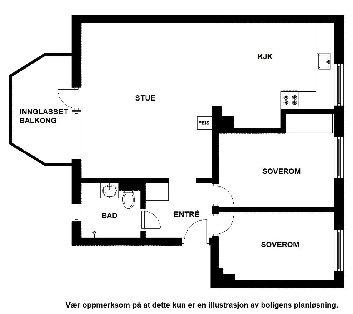 Planskisse. Utover overnevnte areal disponerer leiligheten loftsbod med gulvareal på ca. 10 m² og 2 kjellerboder på hhv. 2,7 og 3,8 m². Galleribilde