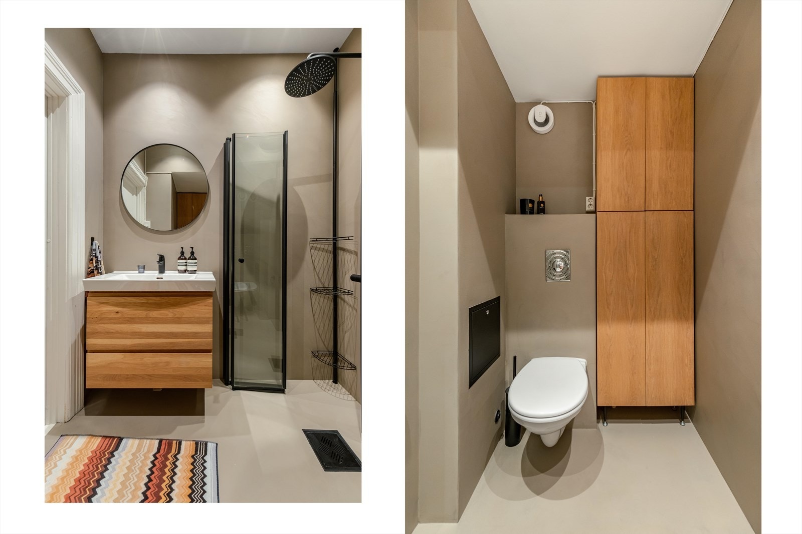 Badet er stilrent med mikrosement i en dus sandtone, varmekabler i gulv og downlights i tak. Her er det vegghengt toalett, høyskap for oppbevaring og dusjhjørne fra Tapwell med fossefalldusj og innfellbare glassdører. Galleribilde