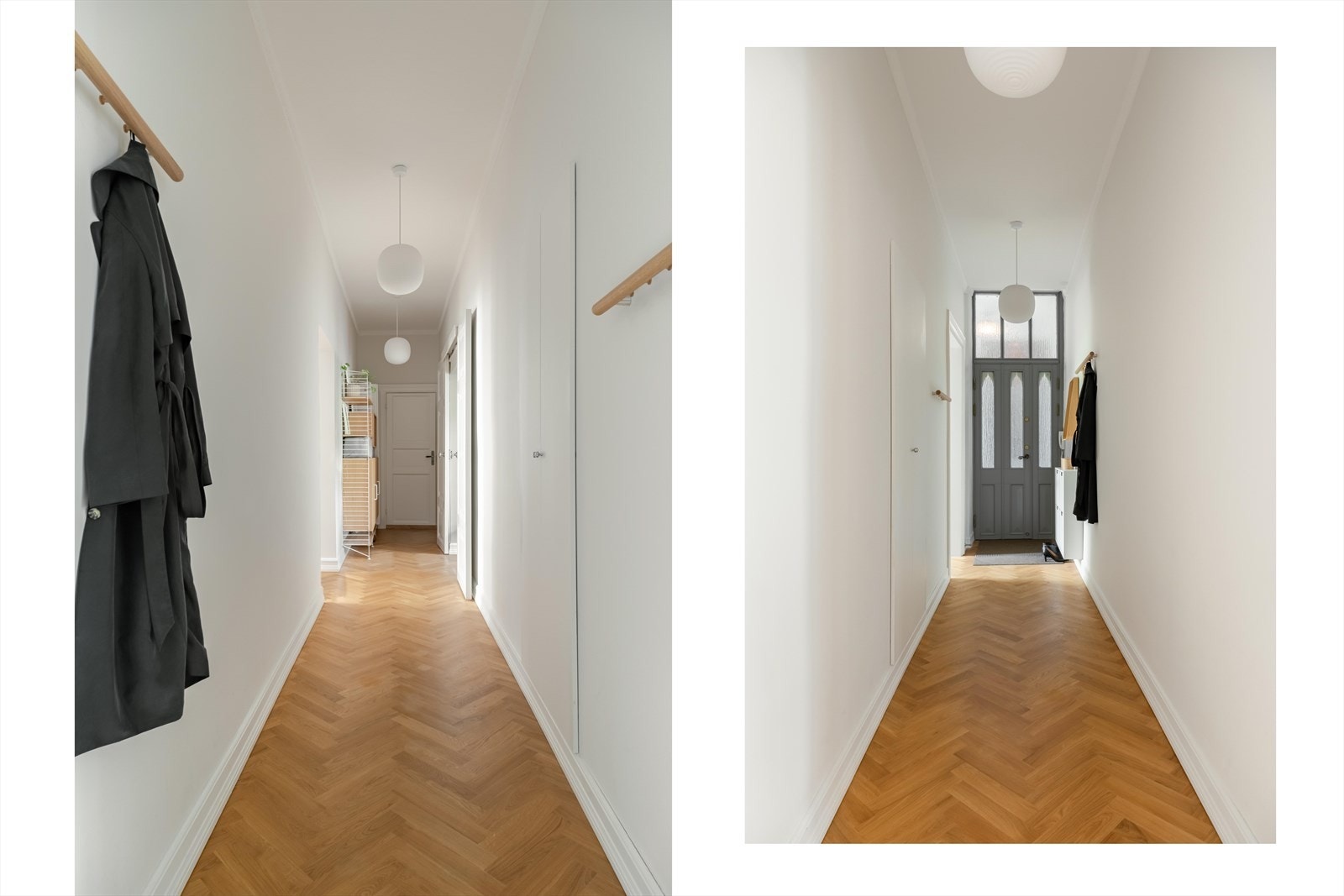 Leiligheten ligger i 2. etasje og har adkomst via en felles trappeoppgang. Entrèen er innbydende med tregulv i fiskeben, lysmalte vegger og dørcallinganlegg. Galleribilde