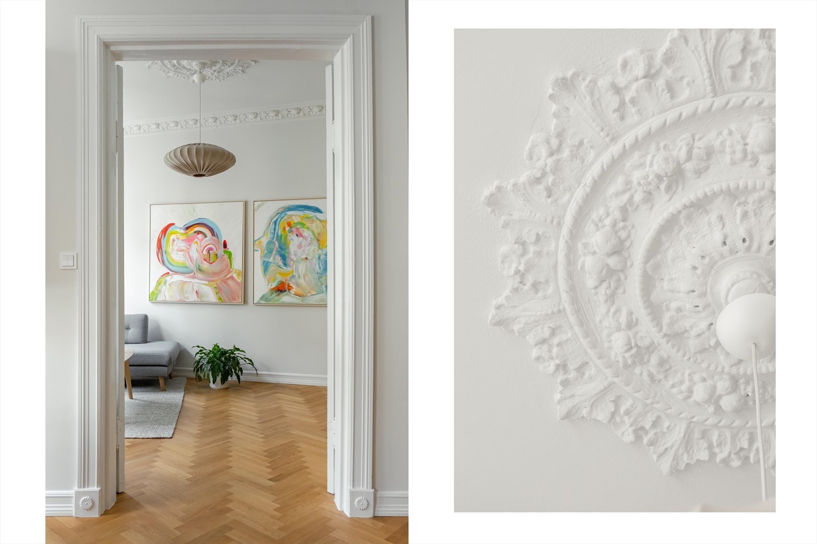 Vakre rosetter og nydelig stukkatur i leiligheten. Galleribilde