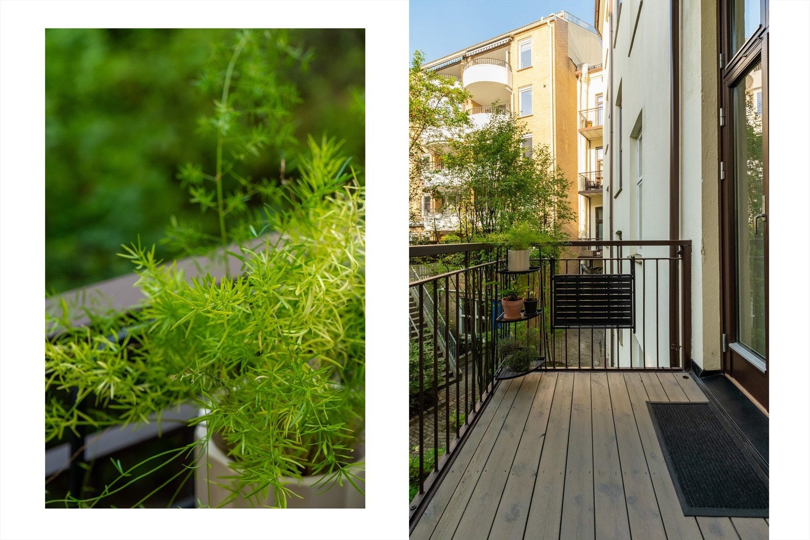 Utsikt mot felles bakgård som er pent opparbeidet med grøntarealer og diverse beplantning. Galleribilde