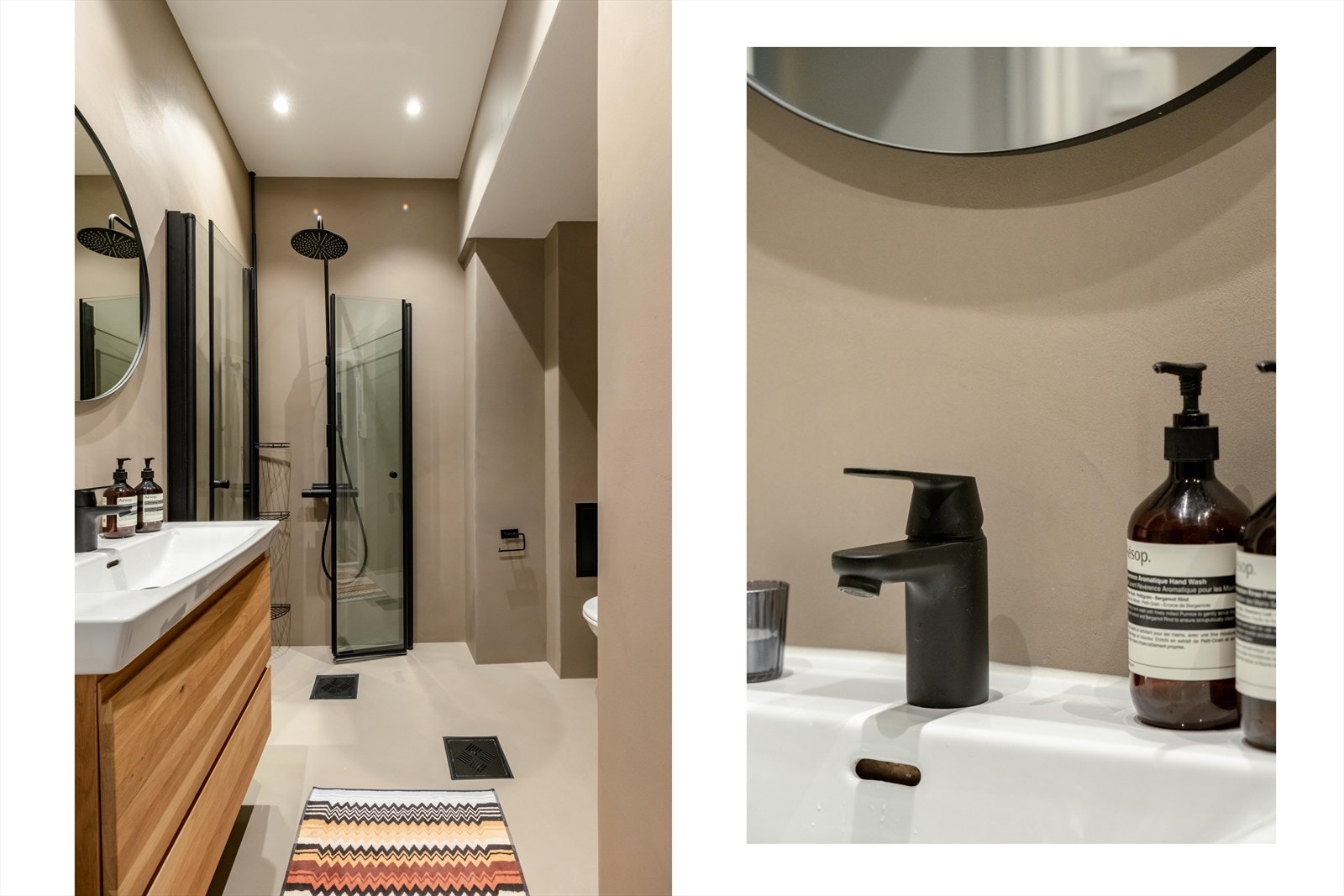 Innredningen er snekkerbygget i heltre eik og består av nedfelt servant på underskap med speil og belysning over. Galleribilde