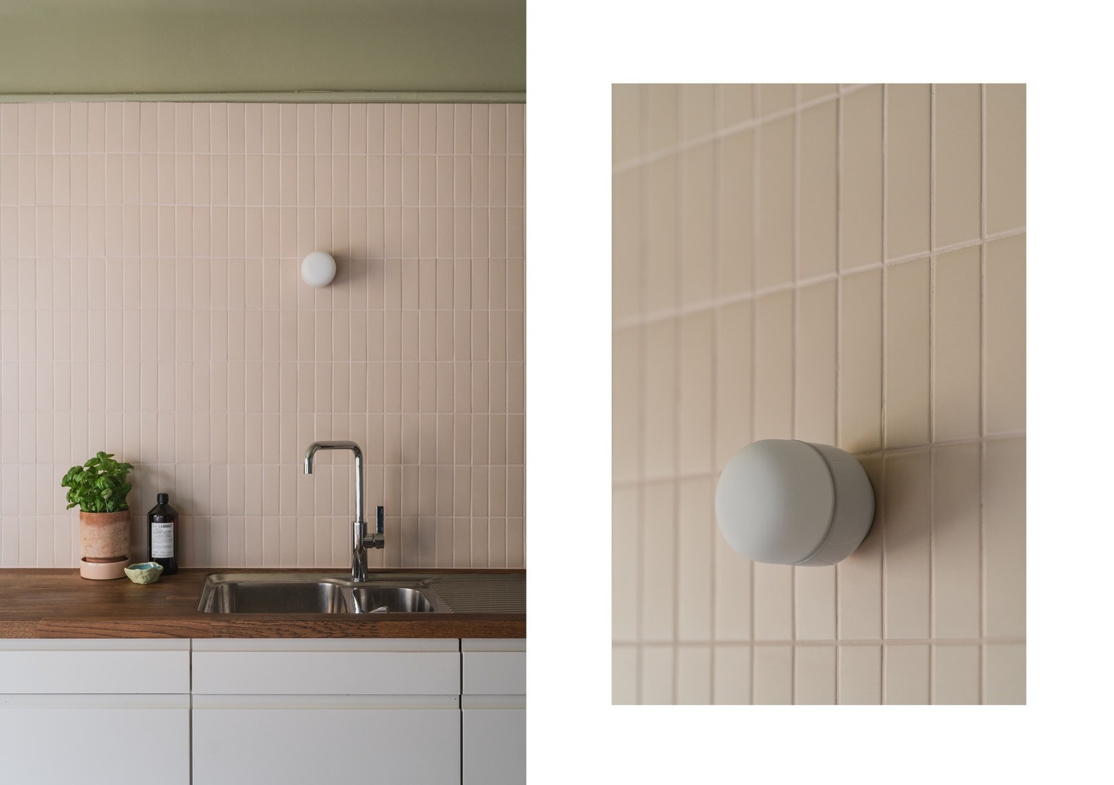 Solid langstrakt heltrebenkeplate i eik med stålkum og armatur fra Tapwell. Veggen over kjøkkenbenken er kledd med lyserosa Quintessenza-fliser fra Teklan-serien Färgblock. Galleribilde