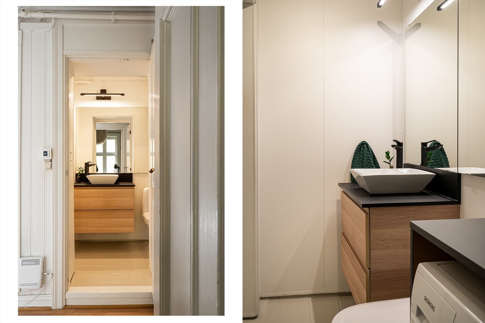 Praktisk og funksjonelt bad med flislagt gulv og våtromsplater på veggene. Galleribilde