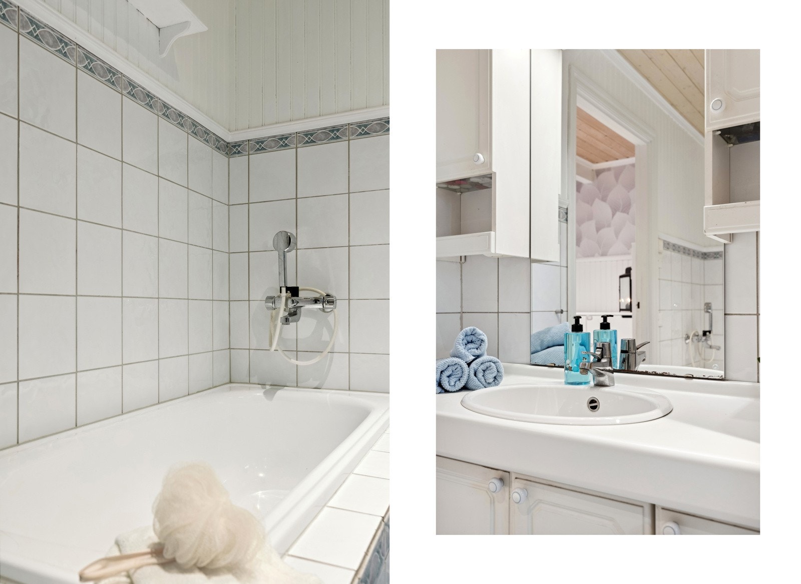 Badet er utstyrt med servantinnredning, speil, dusjkabinett og toalett. Galleribilde