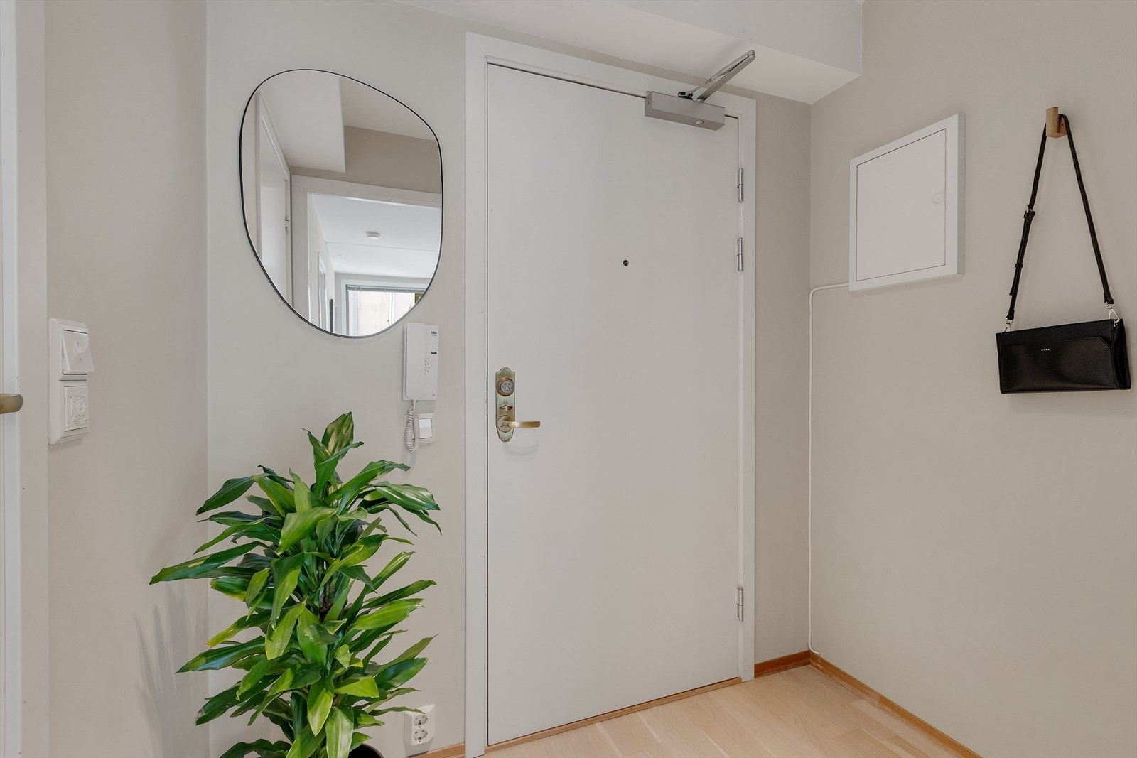 Du blir ønsket velkommen inn i en romslig entré med lysmalte vegger og parkettgulv. Galleribilde