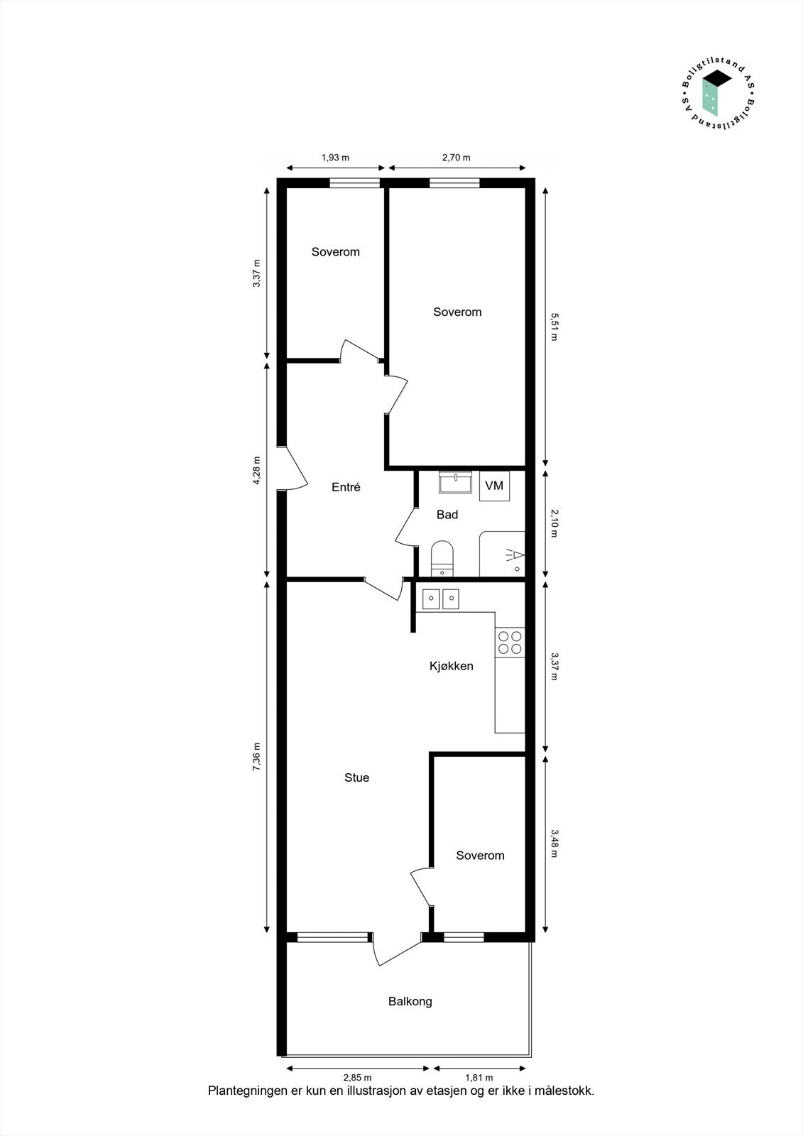 Plantegning. Leiligheten er opprinnelig en stor 3-roms, men det er satt opp soverom i en del av stuen. Veggen kan enkelt fjernes om man foretrekker en større stue. Galleribilde