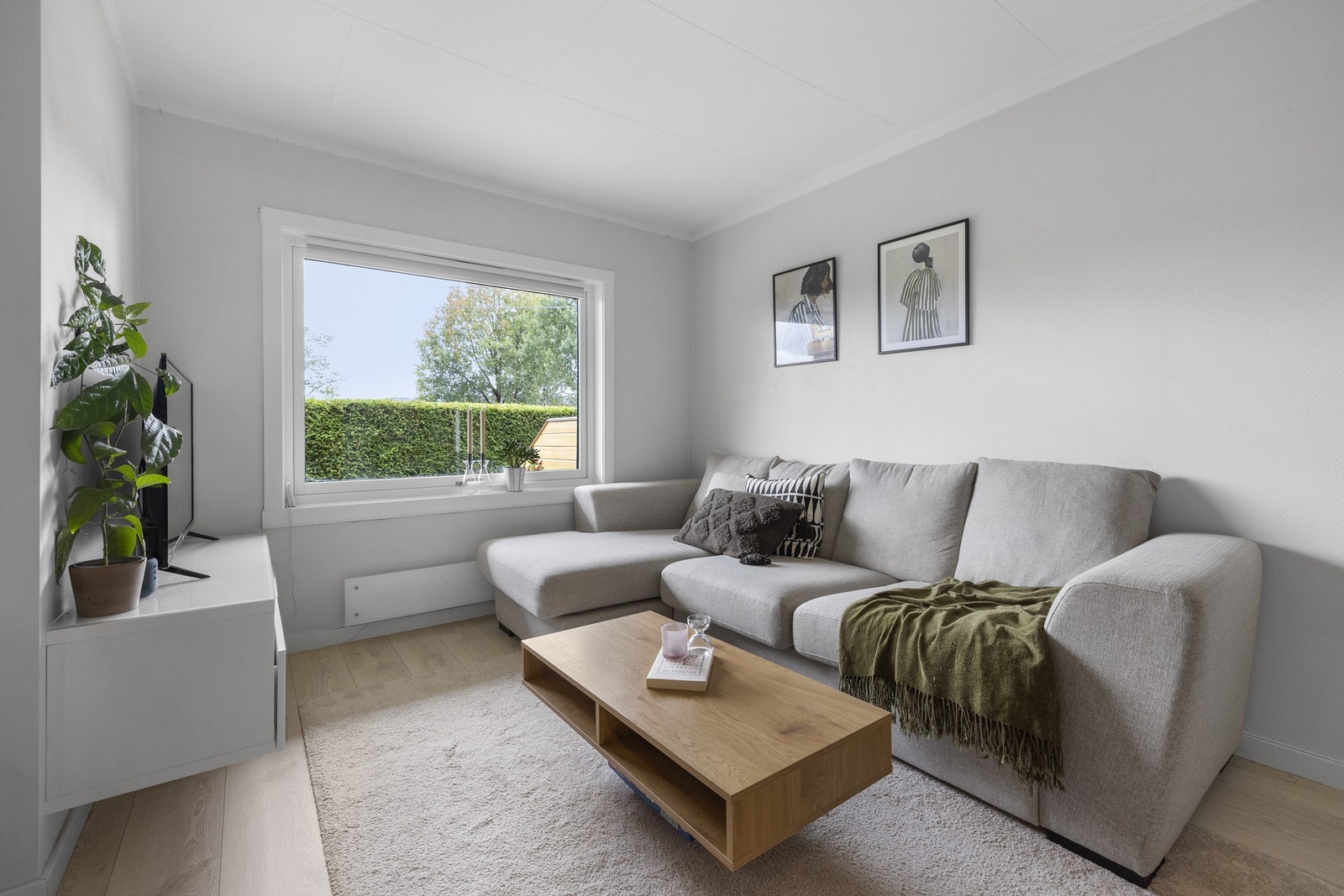 Stue med plass til blant annet sofagruppe, tv-møblement, spisebord og spisestoler Galleribilde