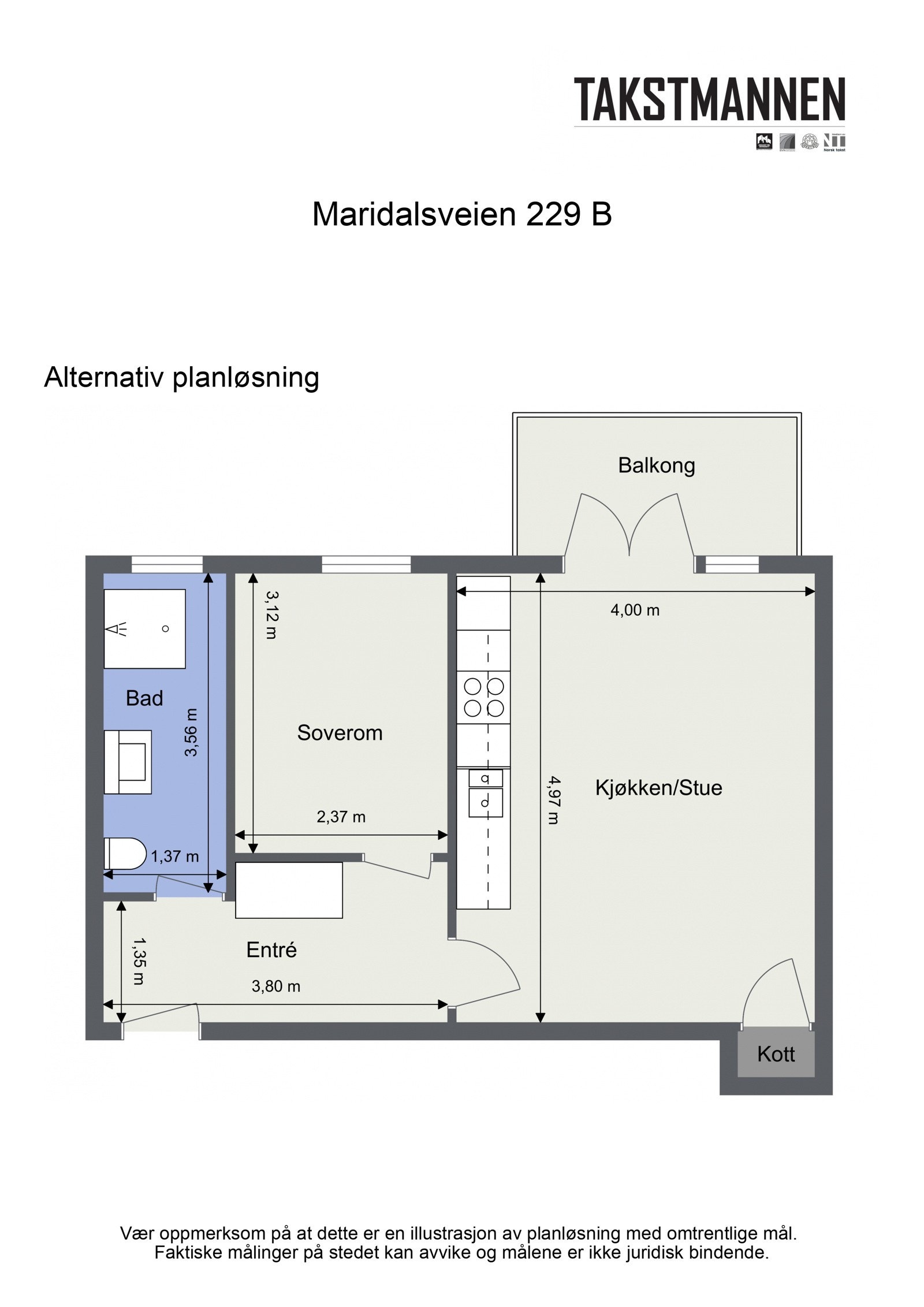 Alternativ planløsning. Flere tilsvarende leiligheter har gjort om til 2-roms. Galleribilde