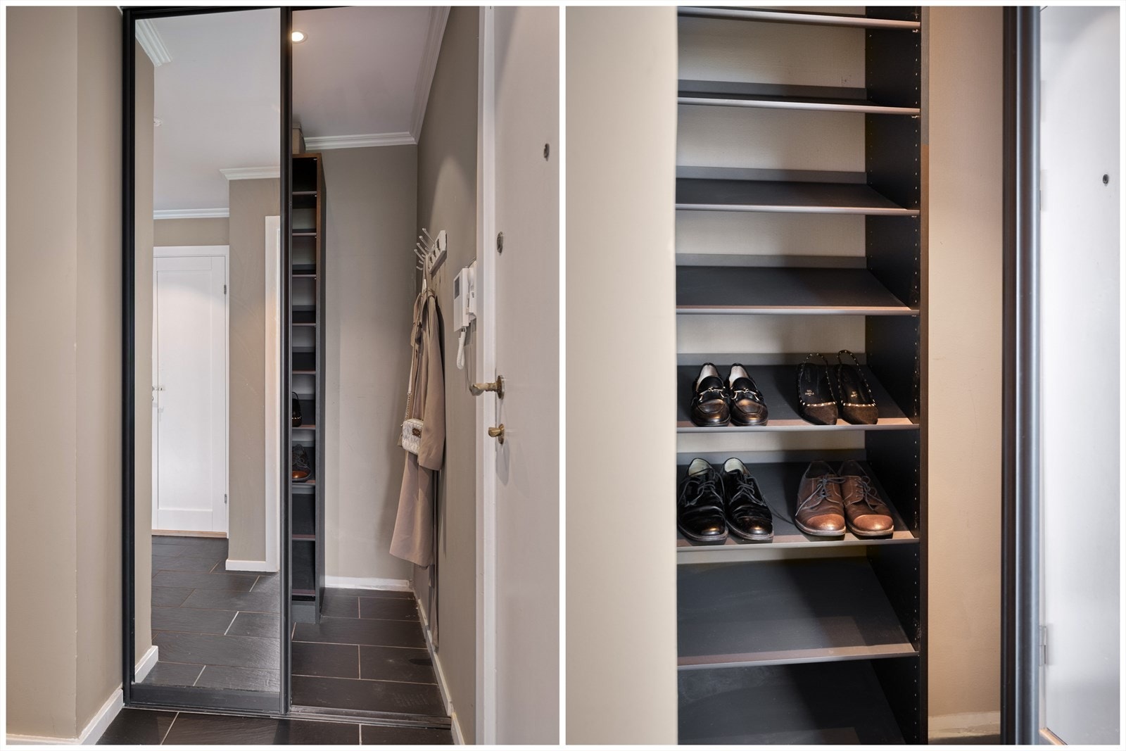 Praktisk skyvedørsgarderobe med speildører er noe av det første som møter deg når du trer inn. Galleribilde