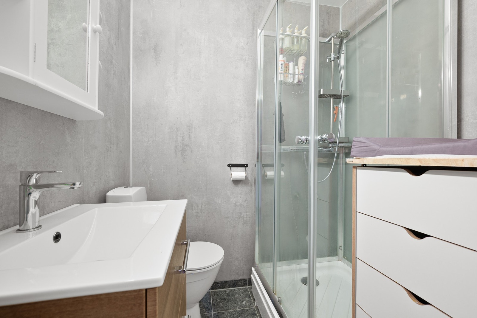 Utstyrt med servant i skap, toalett og dusjkabinett. Galleribilde