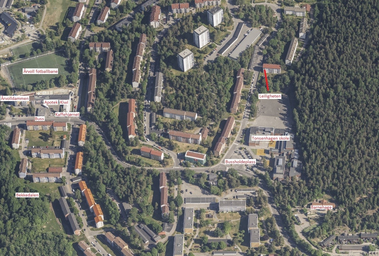 Oversikt over nærområdet. Tilbaketrukket beliggenhet med nærhet til marka, kollektivtransport og dagligvare. Galleribilde