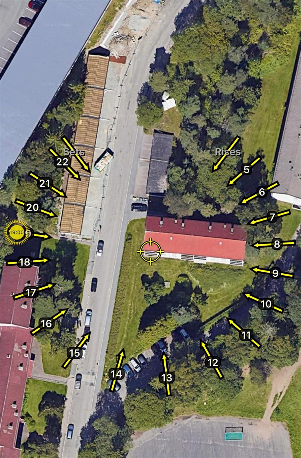 Illustrasjon av solforholdene midtsommers. Sol på balkongen fra ca. kl. 9:00-19:00. Galleribilde