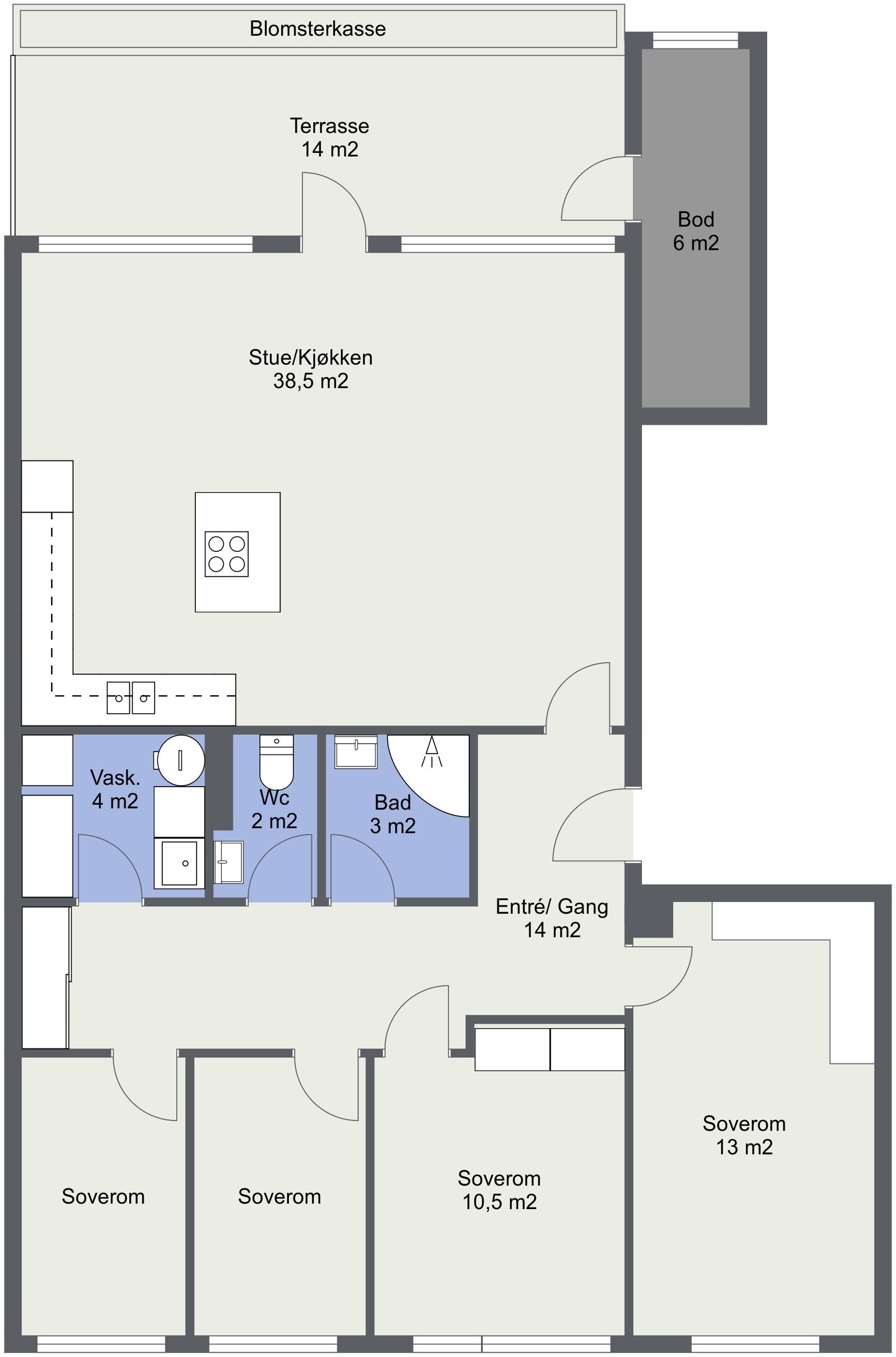 Blystadringen 12 D - planskisse som viser opprinnelig planløsning, med 4 soverom. Galleribilde