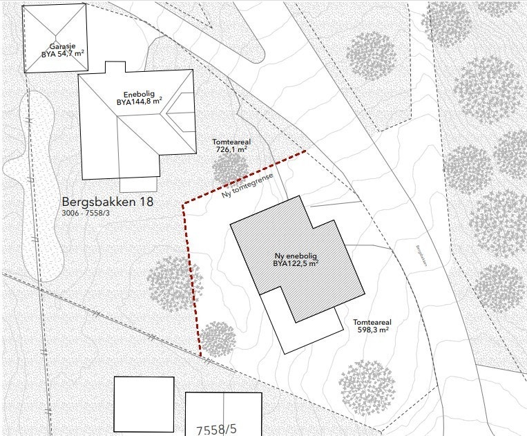 Forslag situasjonskart på tomten. Tegningen er ikke byggesøkt og avvik kan forekomme. Kontakt megler for info. Galleribilde