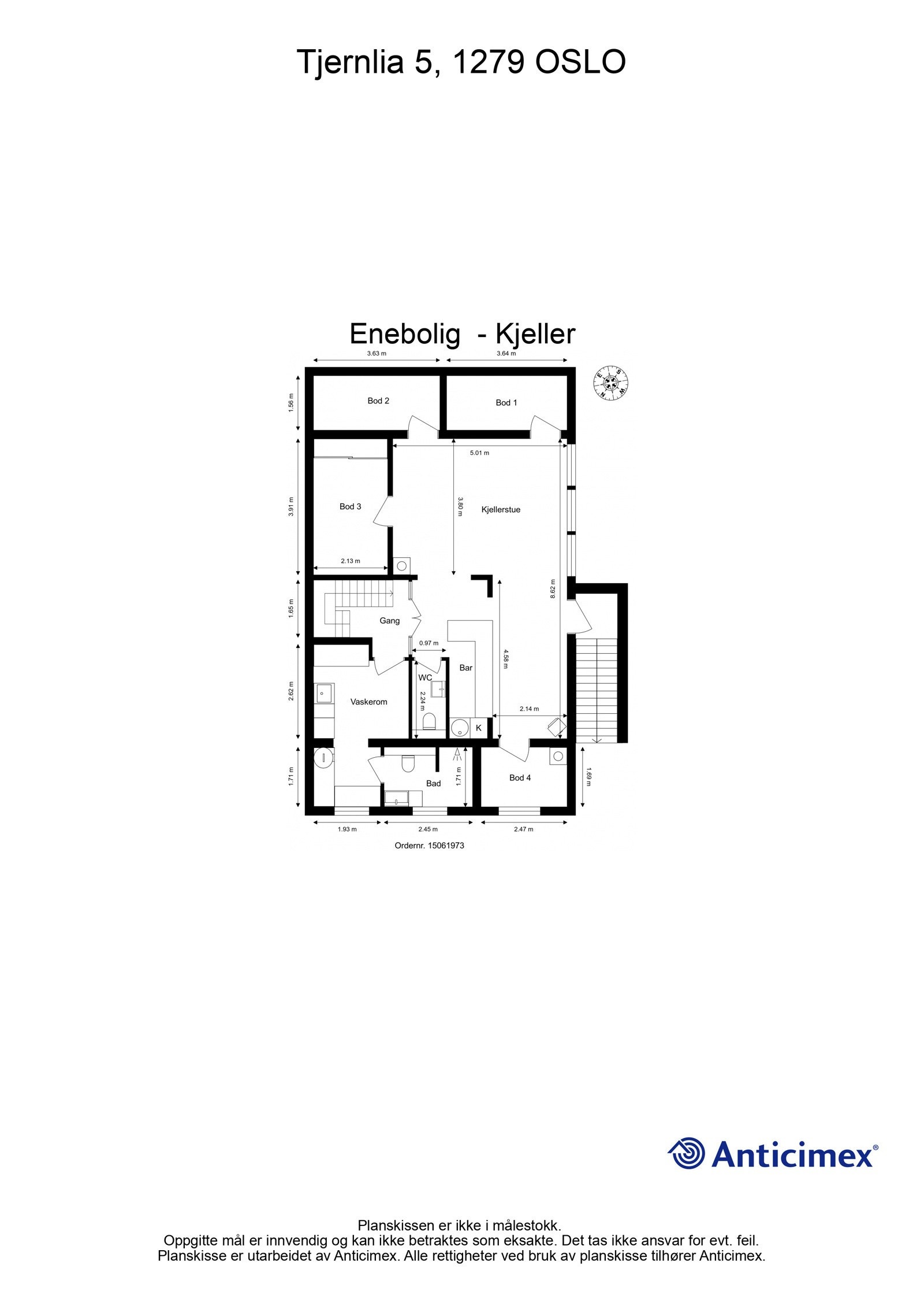 Plantegning kjeller - Merk at det også er egen inngangsdør til kjelleren samt trapp ned fra 1.etasje. Galleribilde