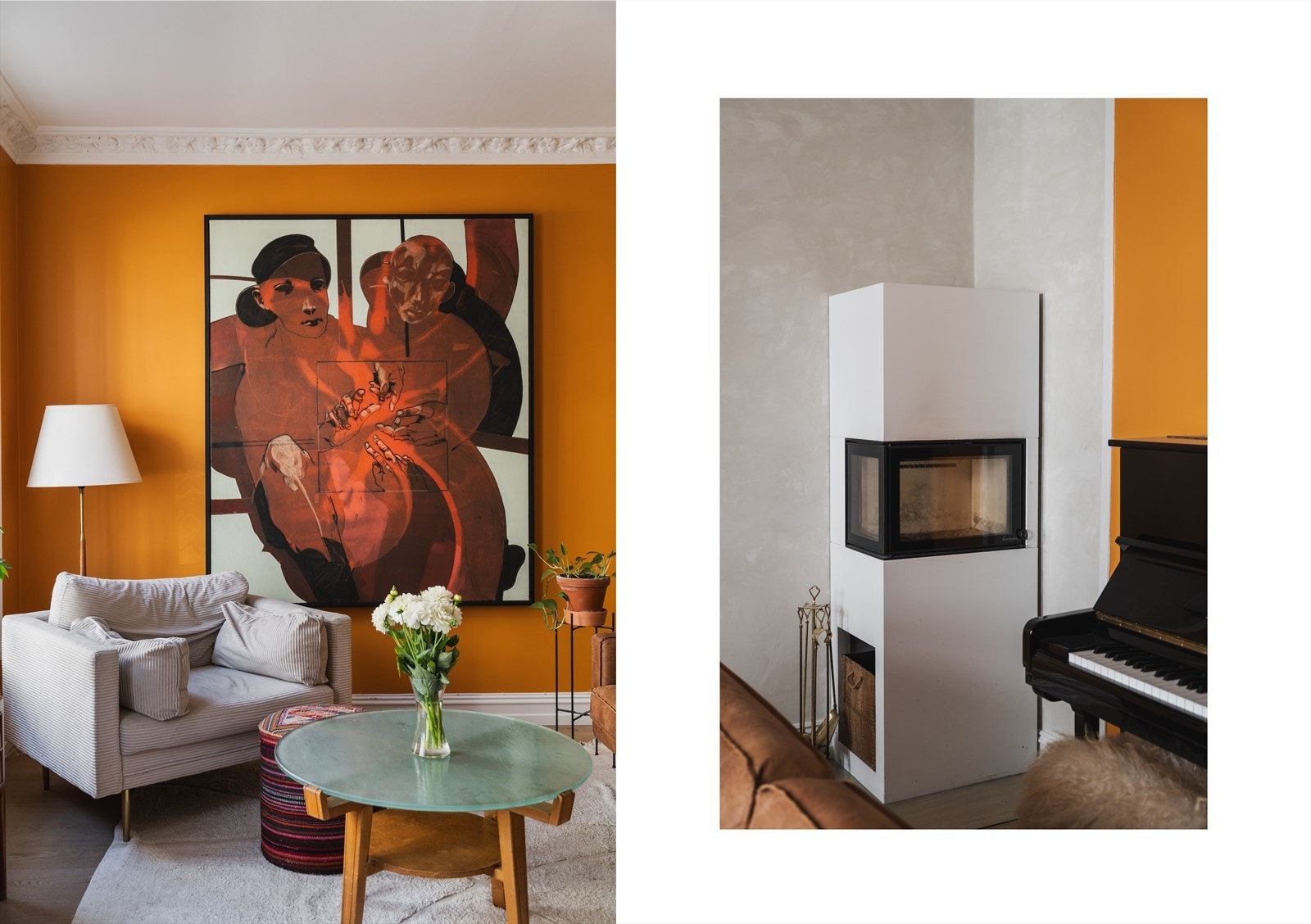 Det er 2 ildsteder i leiligheten. Både stue og kjøkken er utstyrt med peis. I tillegg er det lun gulvvarme. Perfekt til kalde dager Galleribilde