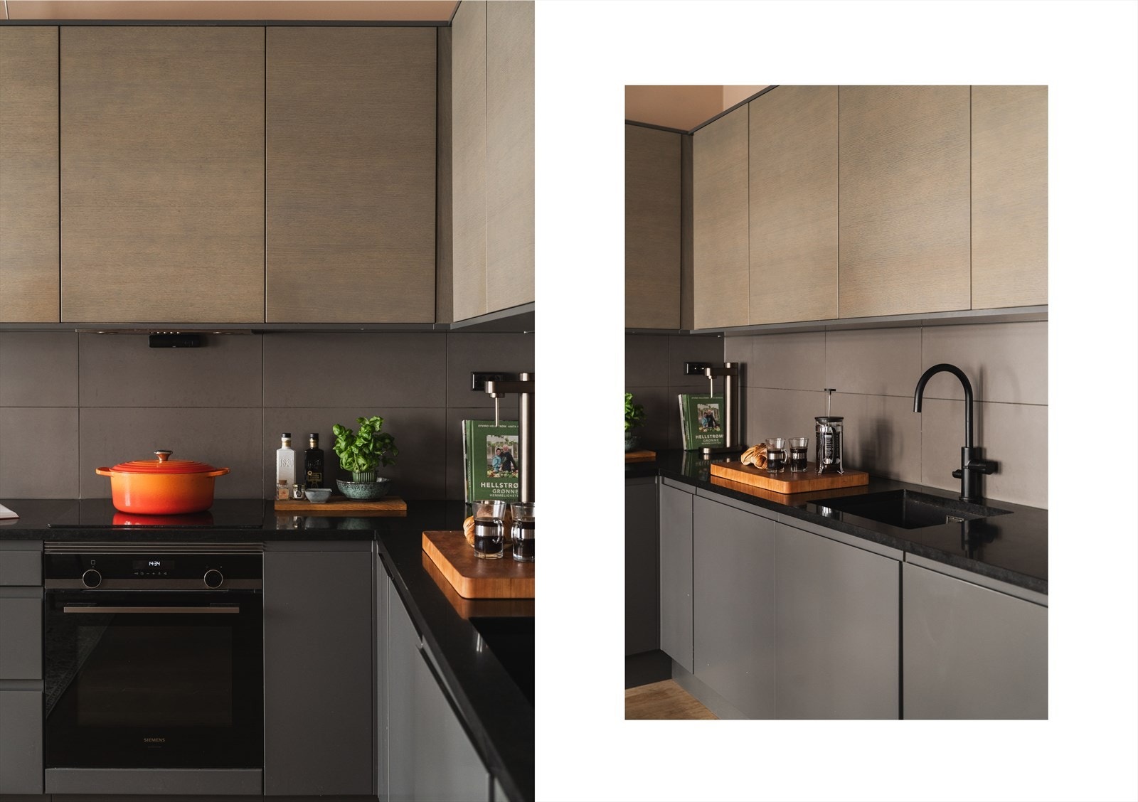 Kjøkkenet har glatte fronter, belysning under overskap, fliser på vegg over benkeskap og benkeplate i granitt Galleribilde