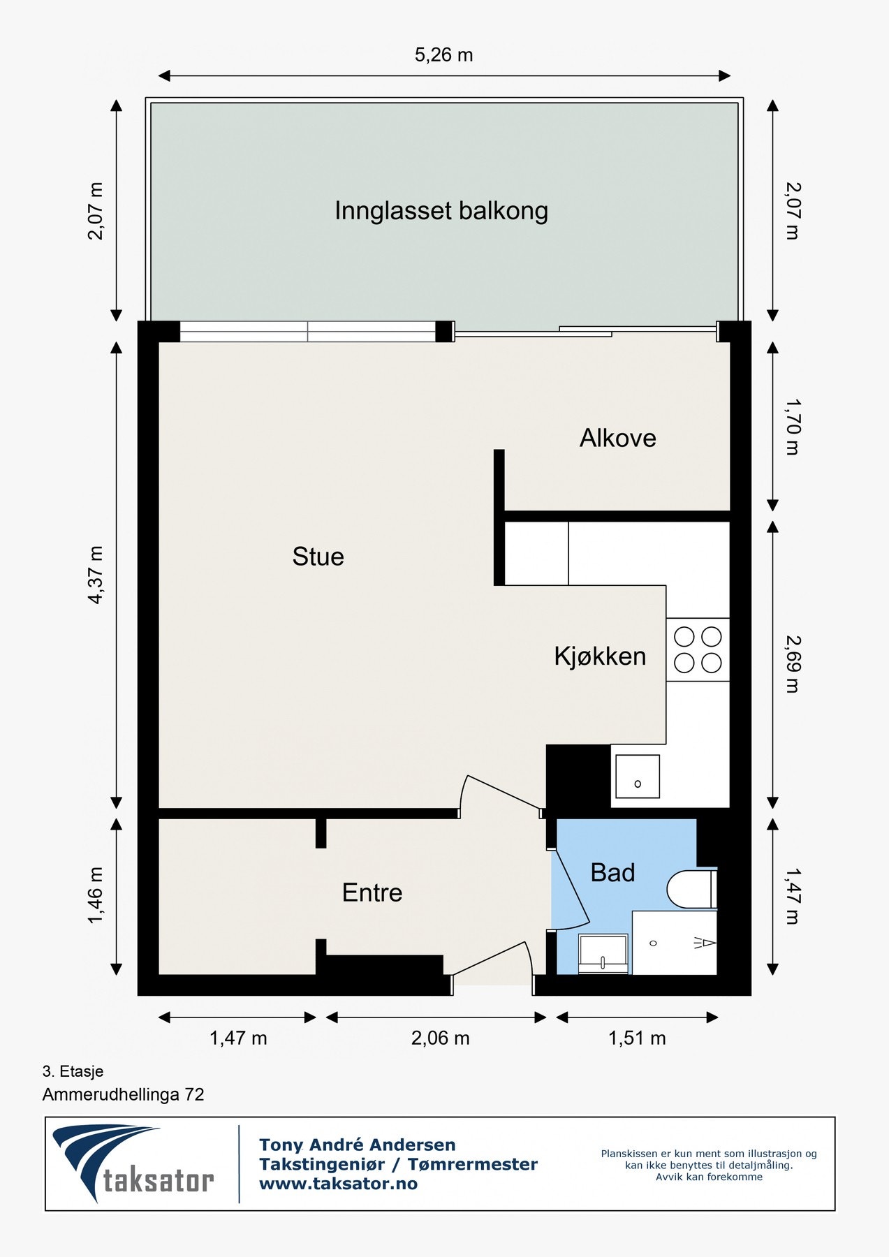 Målsatt plantegning av leiligheten. Leiligheten disponerer også ekstern kjellerbod. Galleribilde