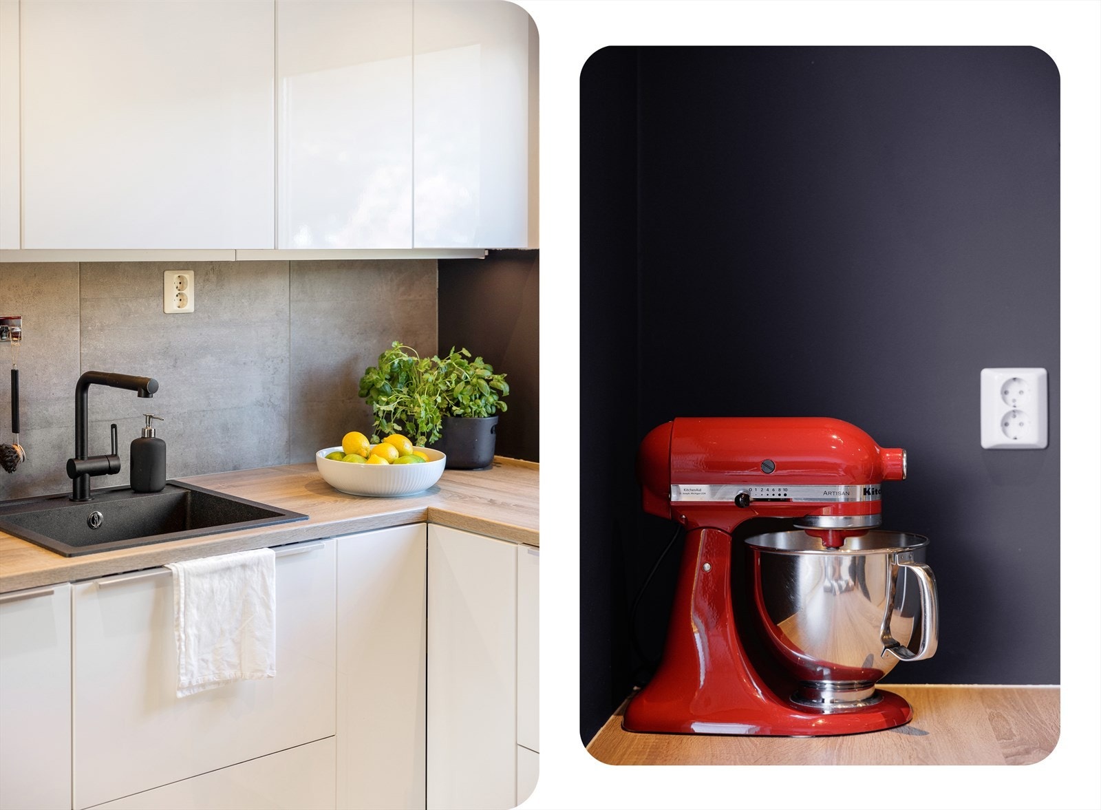 Over benkeplaten er det benyttet fliser, stål oppvaskkum og ventilator Galleribilde