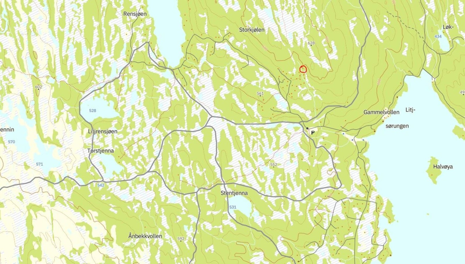 Oppkjørte skiløyper er markert i grå tykk strek, hytten er markert med rød ring. Galleribilde