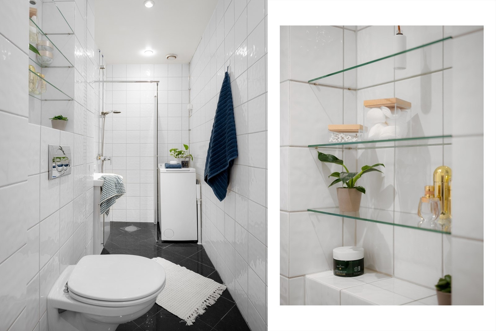 Badet er av fin størrelse, med dusjvegg i herdet glass. Varmekablene i gulvet sørger for varme føtter når gradestokken kryper nedover. Galleribilde