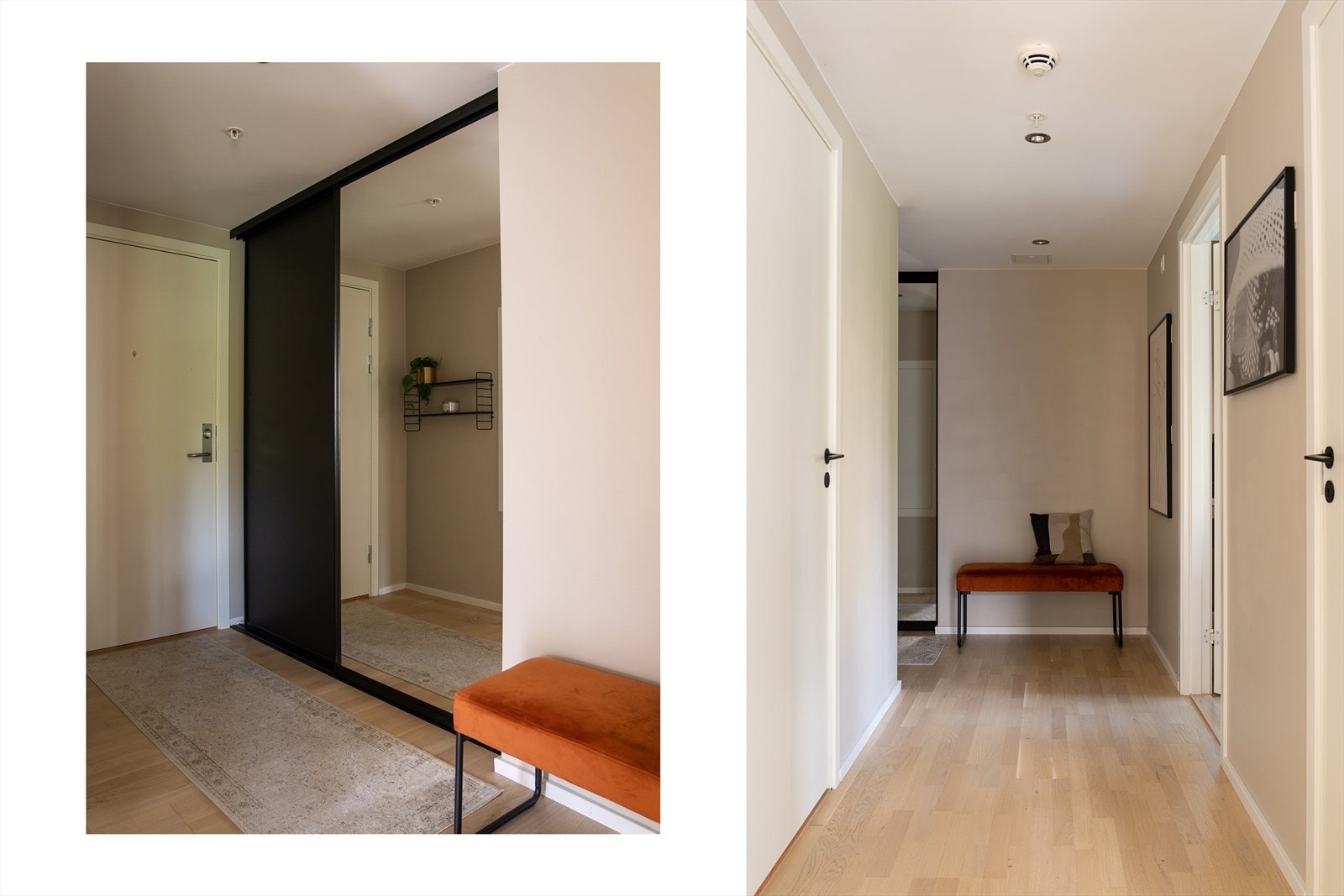 Entreen har vannbåren gulvvarme og en praktisk skyvedørsgarderobe for oppbevaring av yttertøy og sko. Galleribilde