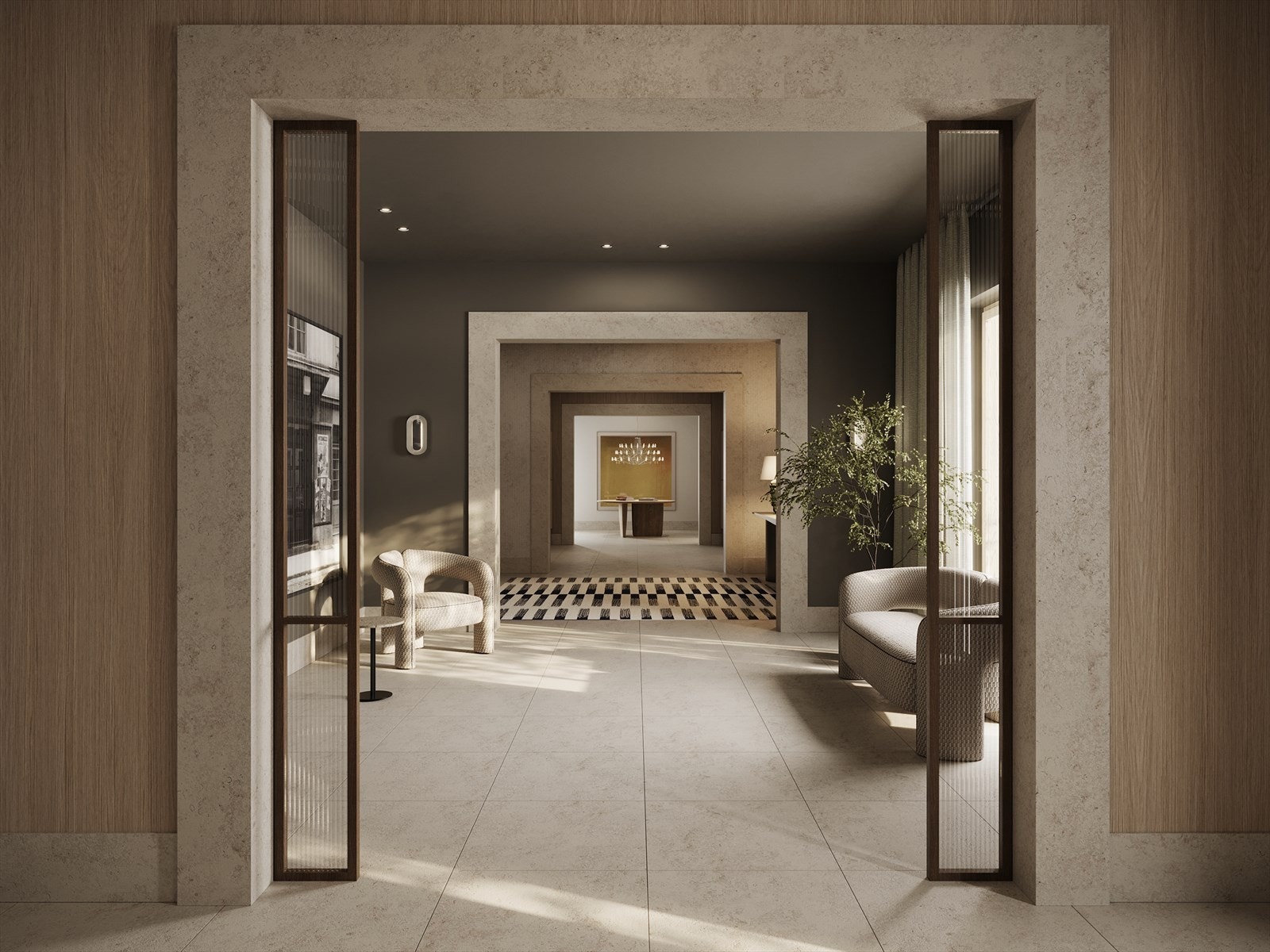 På innsiden av de elegante, solide eikedørene lukker du byen bak deg og trer inn i den praktfulle lobbyen, inspirert av det klassiske enfiladeprinsippet. Galleribilde