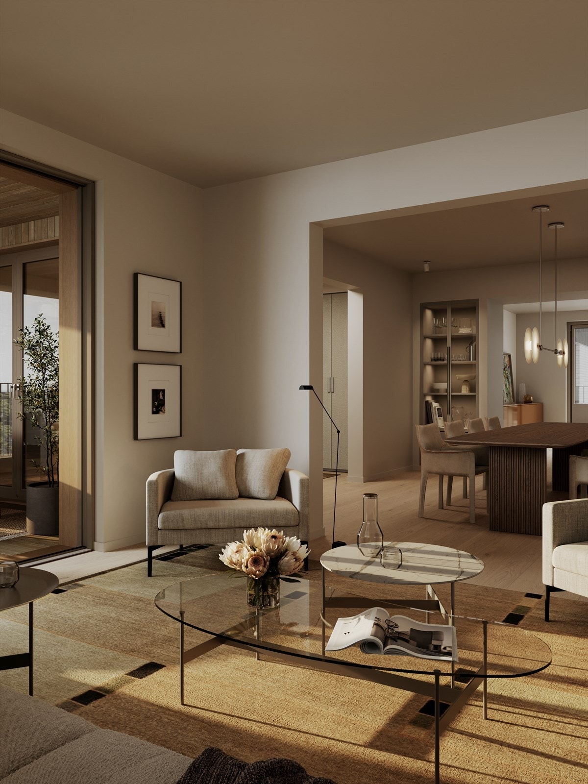 Leiligheten har 3-rom på rad og er utviklet etter det tradisjonelle prinsippet med enfilader , der rom på rom ligger som perler på en snor, slik man kjenner fra de klassiske Frognerleilighetene . Galleribilde