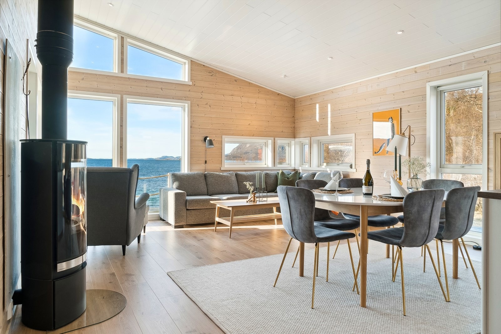 Varmeeffektiv og pen vedovn som er ett naturlig midtpunkt i stuen. Galleribilde