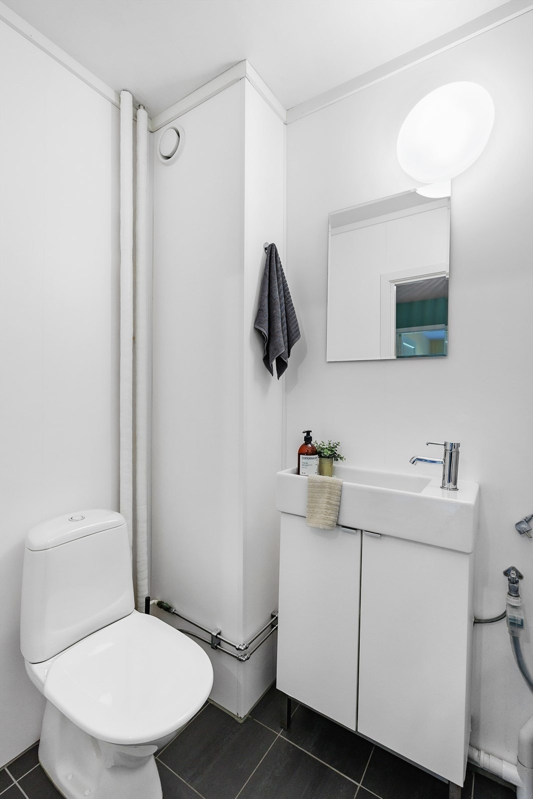 Familievennlig løsning med separat WC-rom slik at flere kan bruke baderomsfasiliteter samtidig. Galleribilde