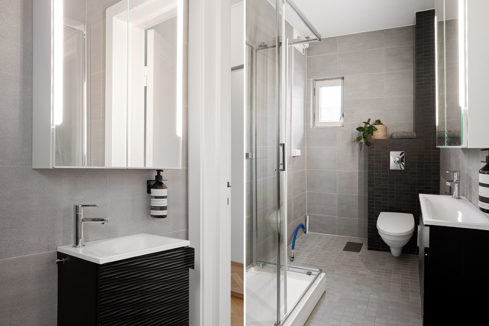 Badet ble pusset opp av forrige eier i 2012. Badet inneholder dusjkabinett, vegghengt toalett, servant med skap under og opplegg for vaskemaskin. Galleribilde