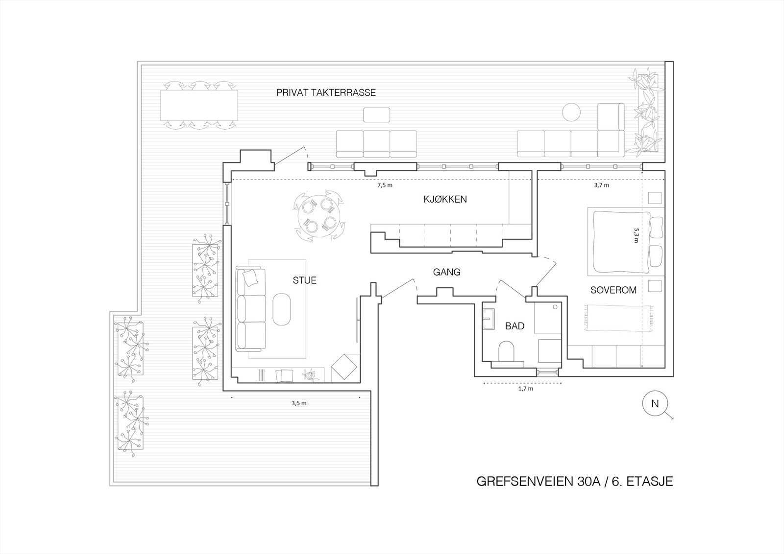 Dagens planløsning, 55 kvm BRA-i, består av: Stue, kjøkken, bad, soverom og gang. Privat takterrasse på ca. 65 kvm. I tillegg kjellerbod på ca. 4 kvm. Galleribilde
