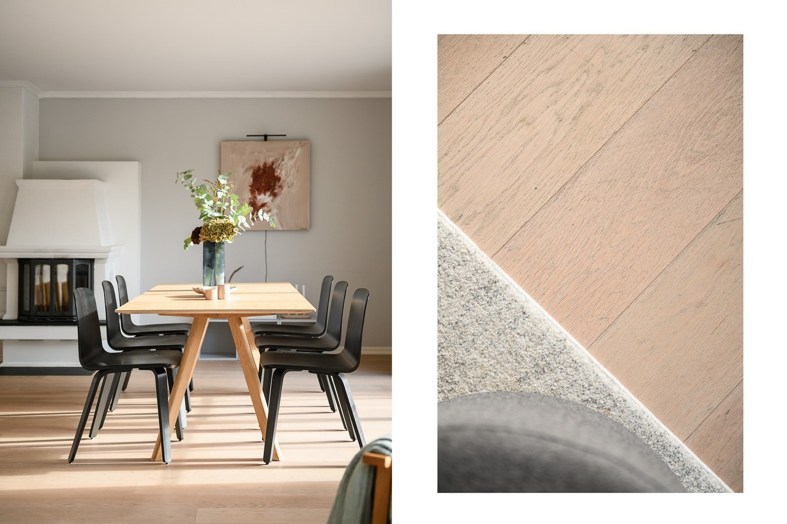 Det er lagt pent, enstavs parkettgulv i leilighetens oppholdsrom. Det er elektrisk varme under parkettgulvet. Galleribilde